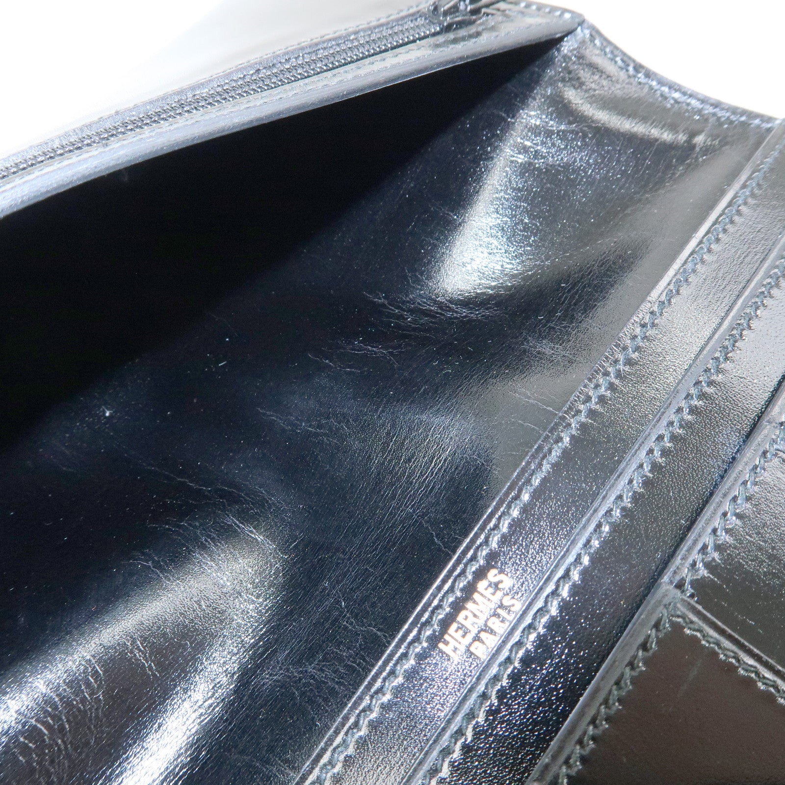 HERMES Bearn Box Calf Bi-fold Long Wallet 〇QStamped Black Gold