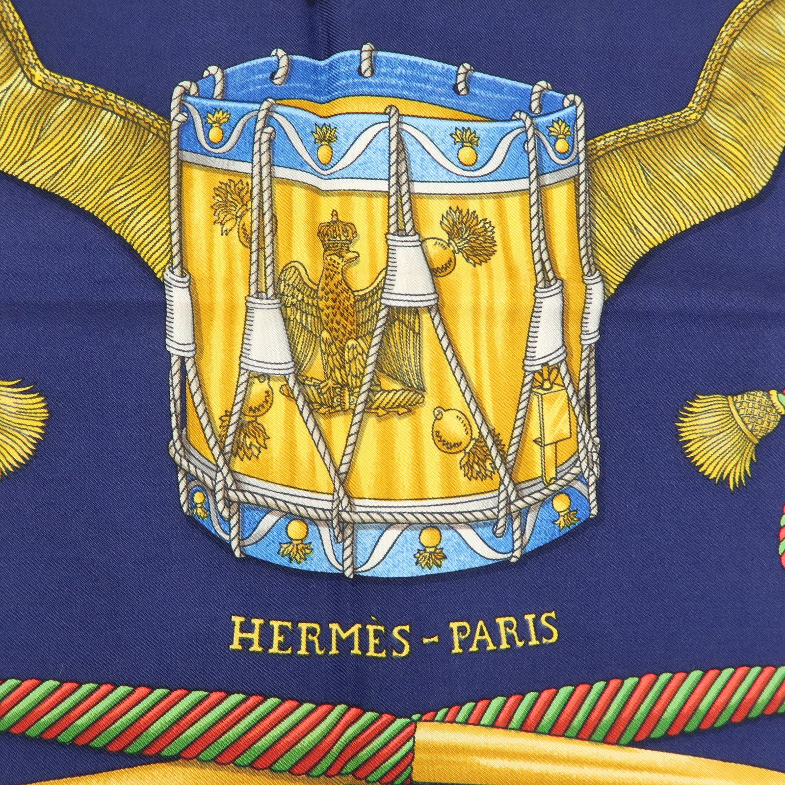 HERMES Carre 90 Silk 100% Scarf LES TAMBOURS Navy Gold