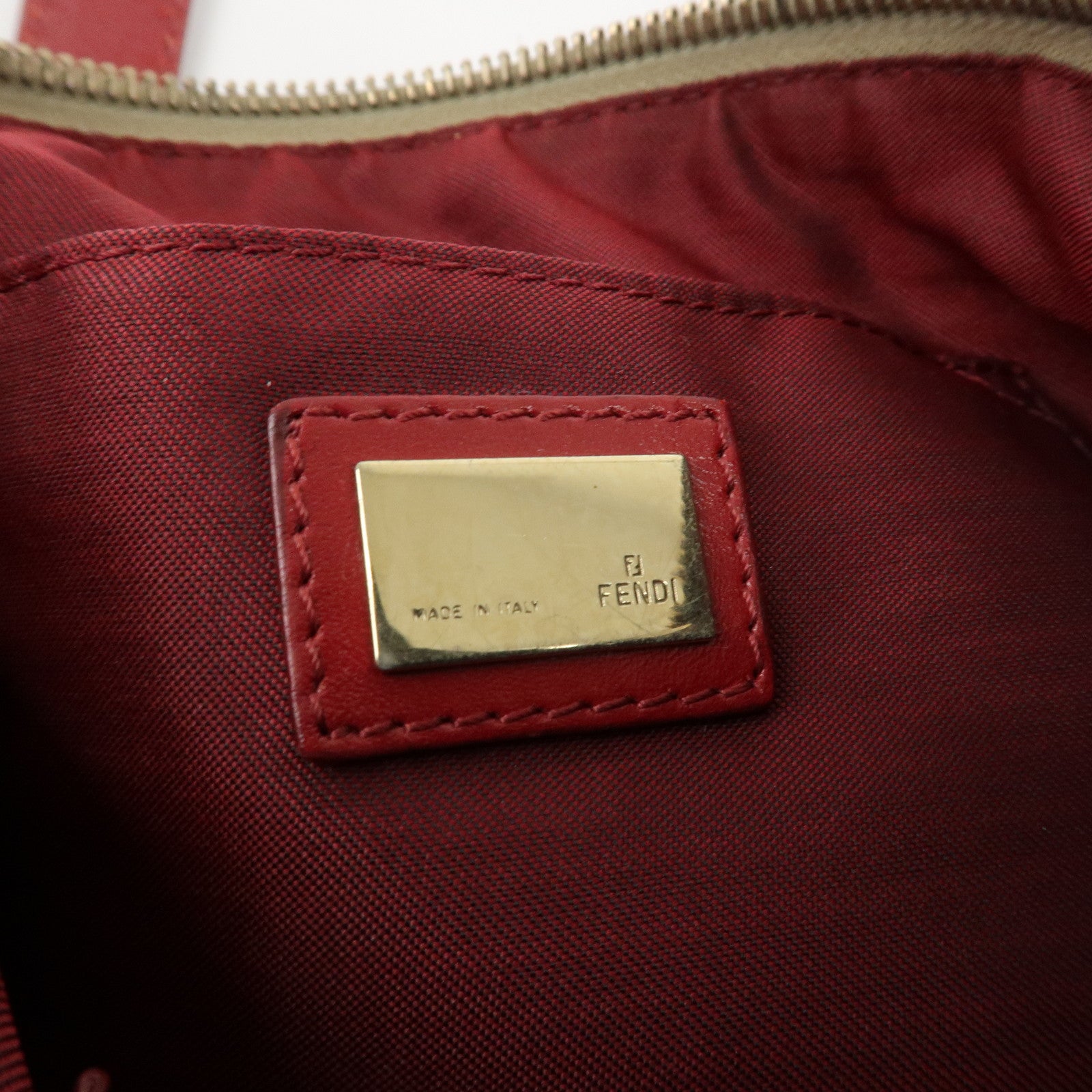 FENDI Zucchino Canvas Leather Hand Bag Beige Red 8BH134 Used