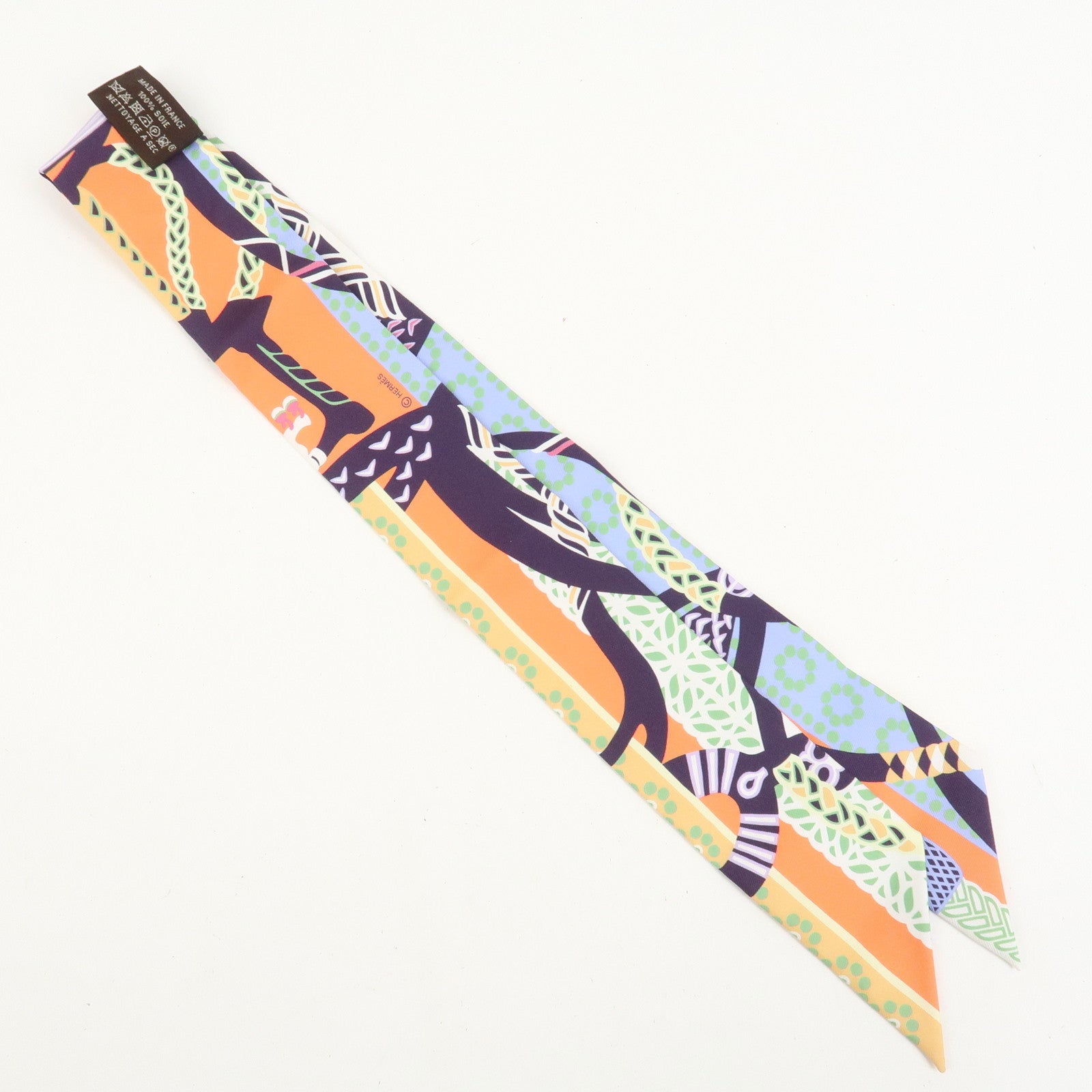 HERMES Twilly Silk 100% Scarf Fantaisie d'Etriers Orange Blue