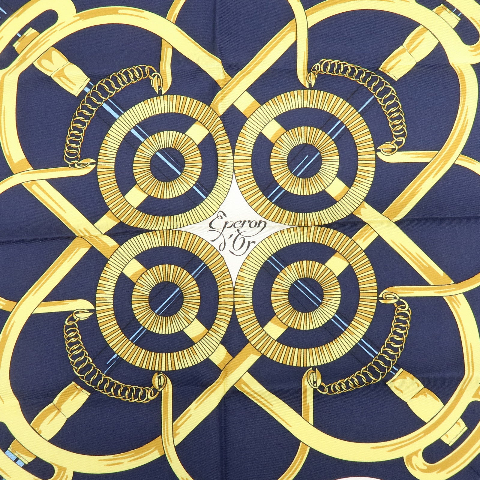 HERMES Carre 90 Silk 100% Scarf Eperon d'or Navy White Yellow Red