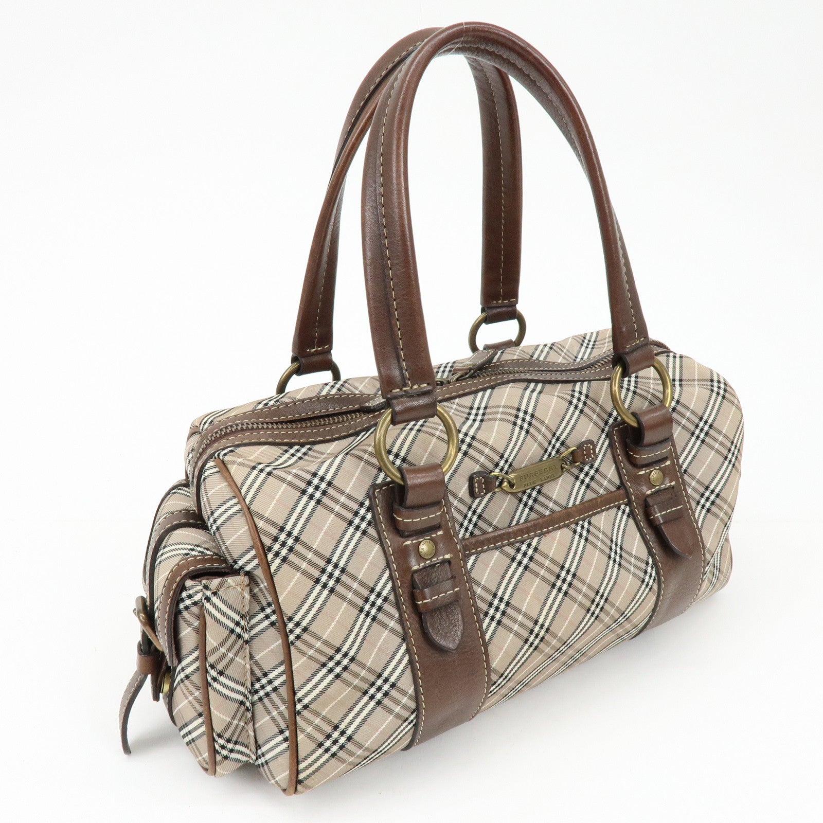BURBERRY Blue Label Canvas Leather Plaid Hand Bag Boston Bag Brown