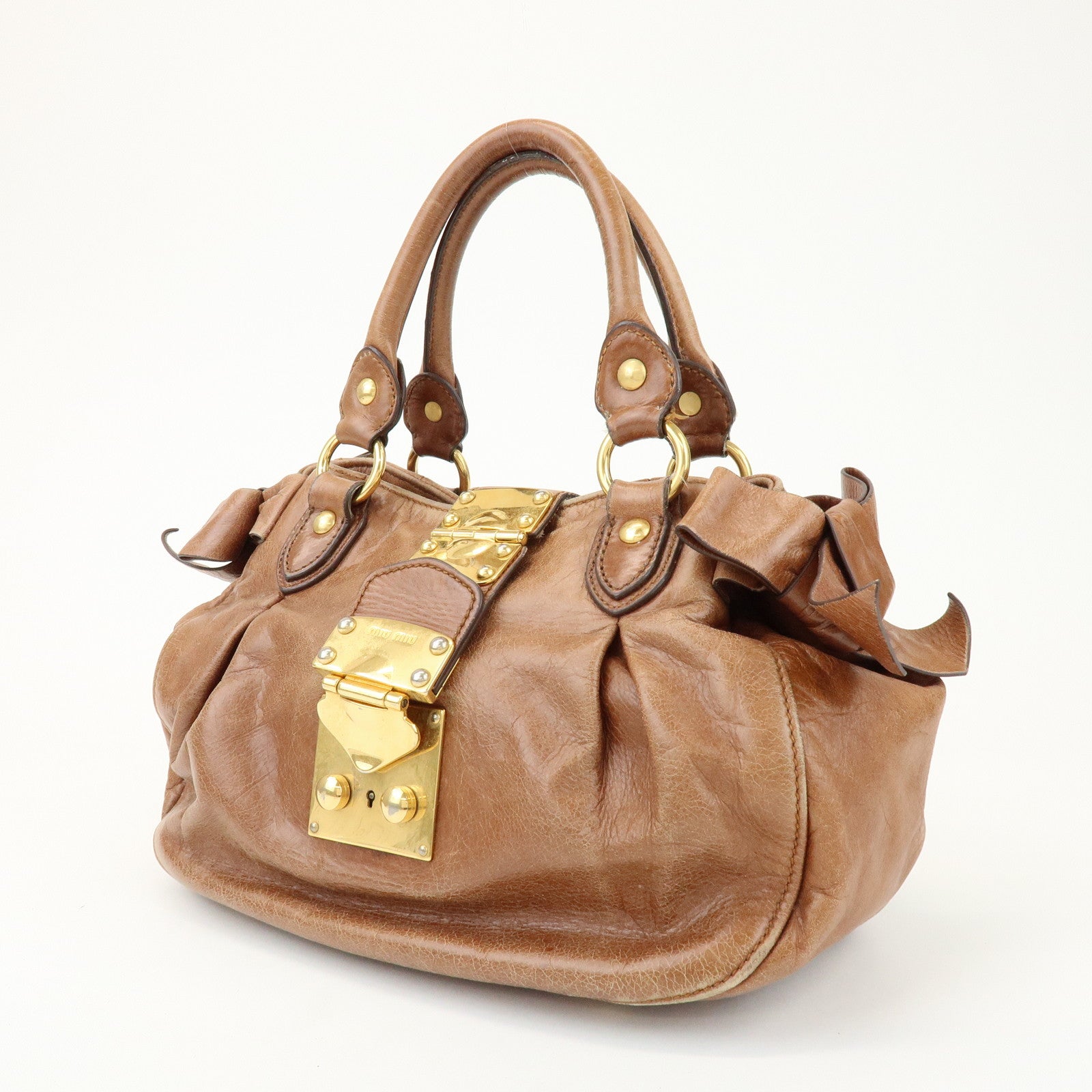 MIU MIU Leather Side Ribbon 2Way Shoulder Bag Hand Bag Brown RN0686