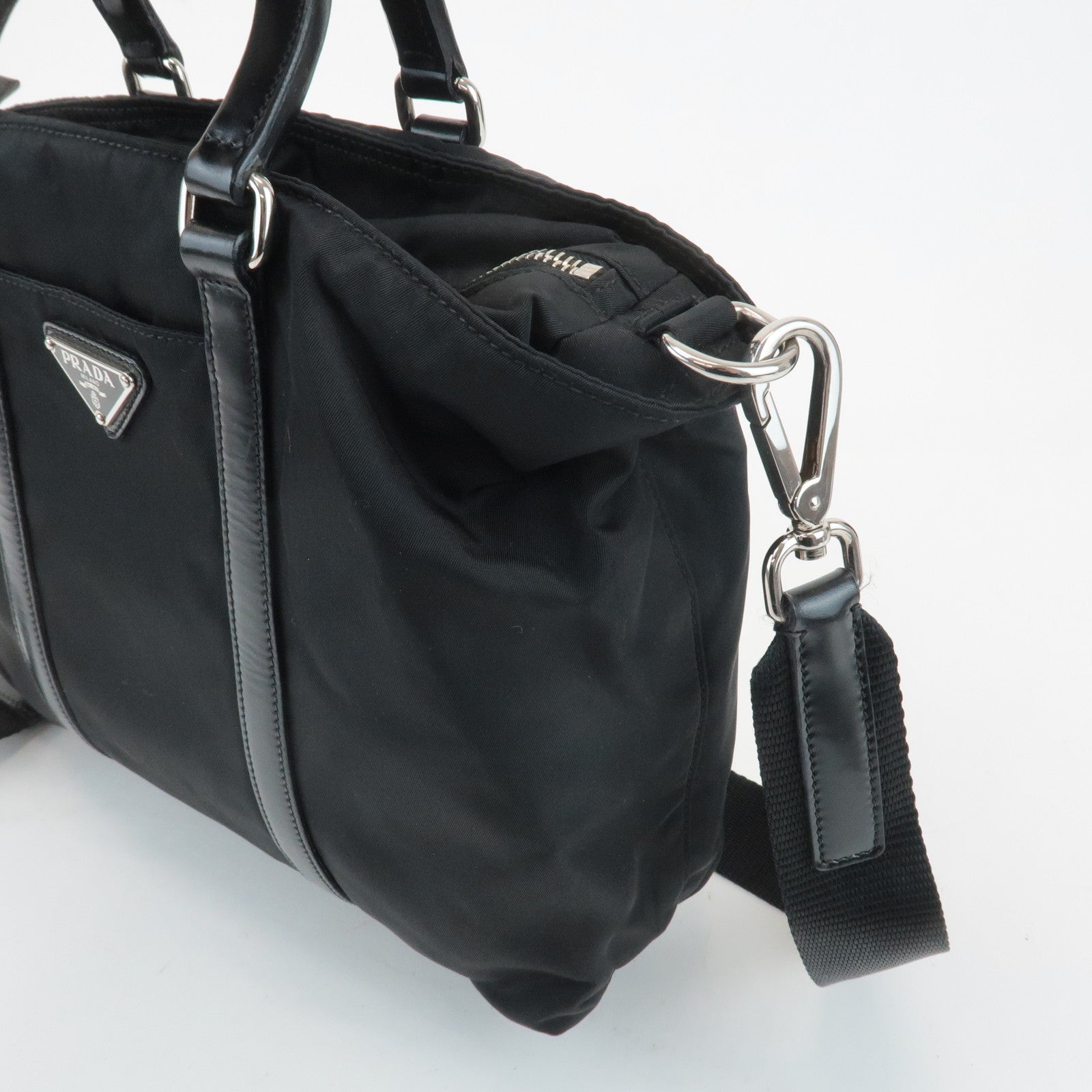 PRADA Triangel Logo Leather Nylon 2Way Bag Tote Bag Black BN1066