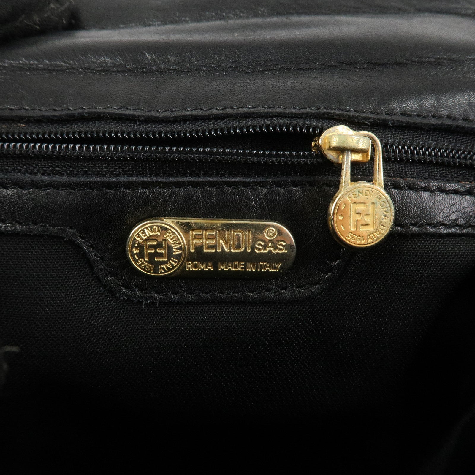 FENDI Leather Hand Bag Tassel Charm Gold Hardware Black Used