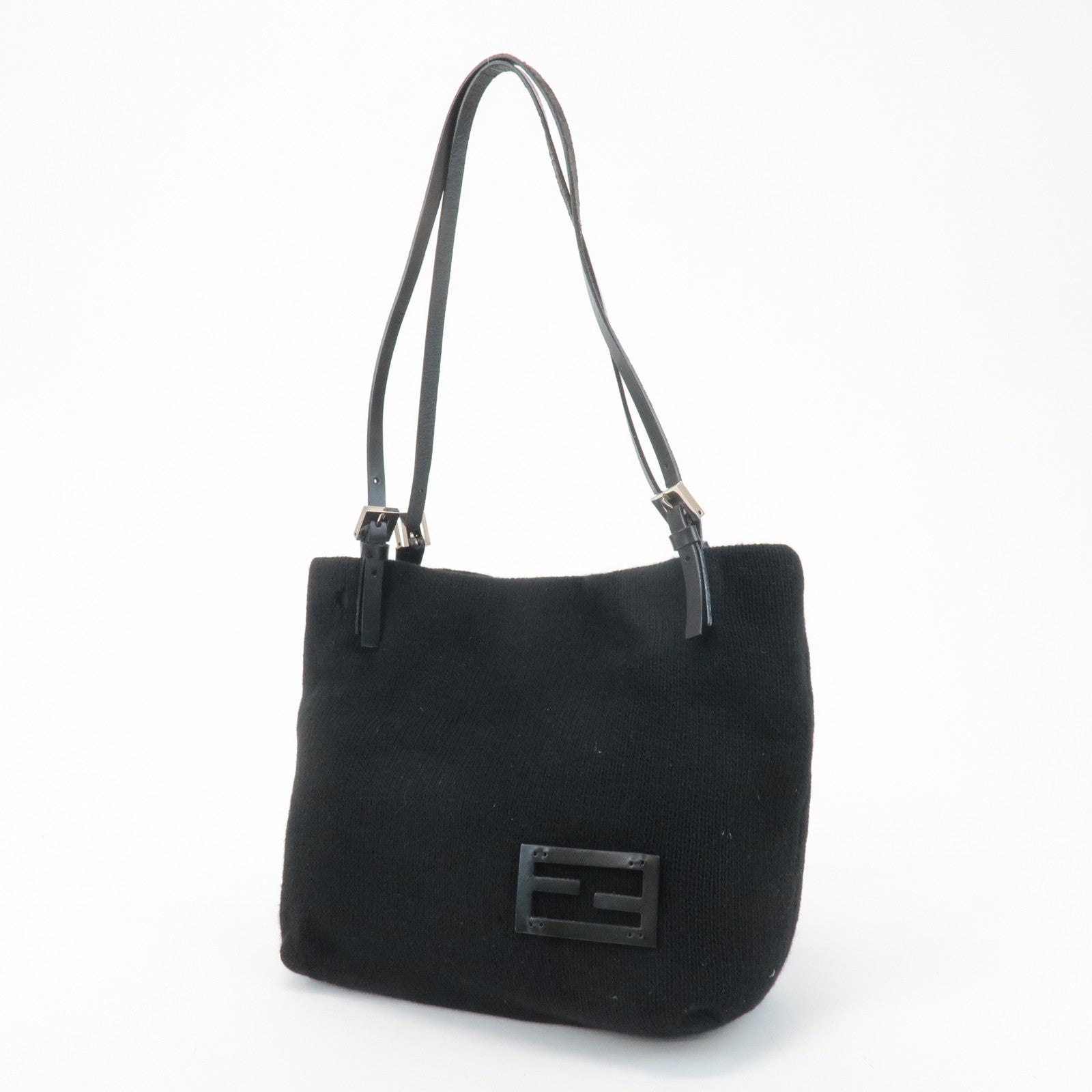 FENDI Wool Leather Tote Bag Shoulder Bag Black 26633 Used