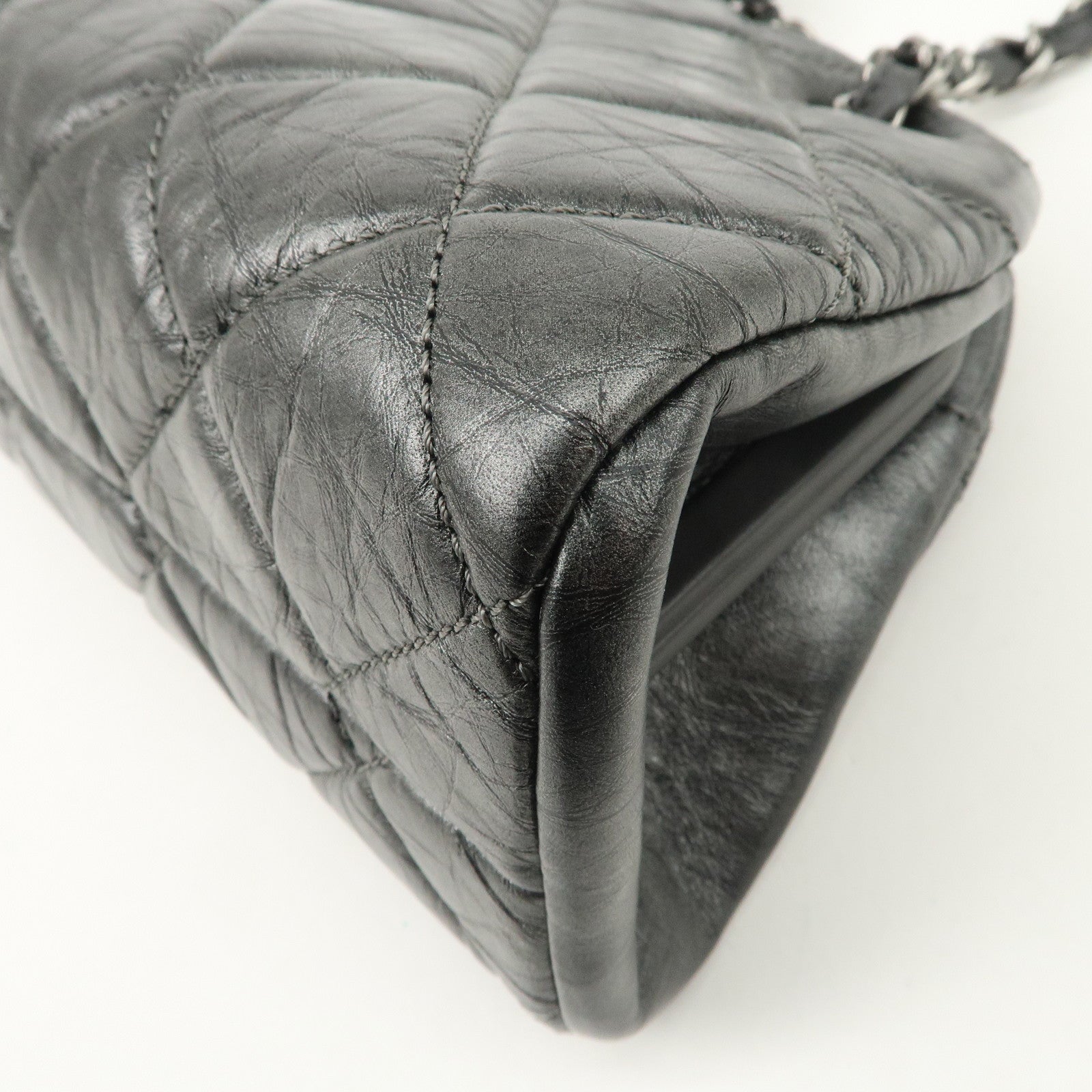 CHANEL Matelasse Leather Mademoiselle Chain Shoulder Bag Gray Silver Used