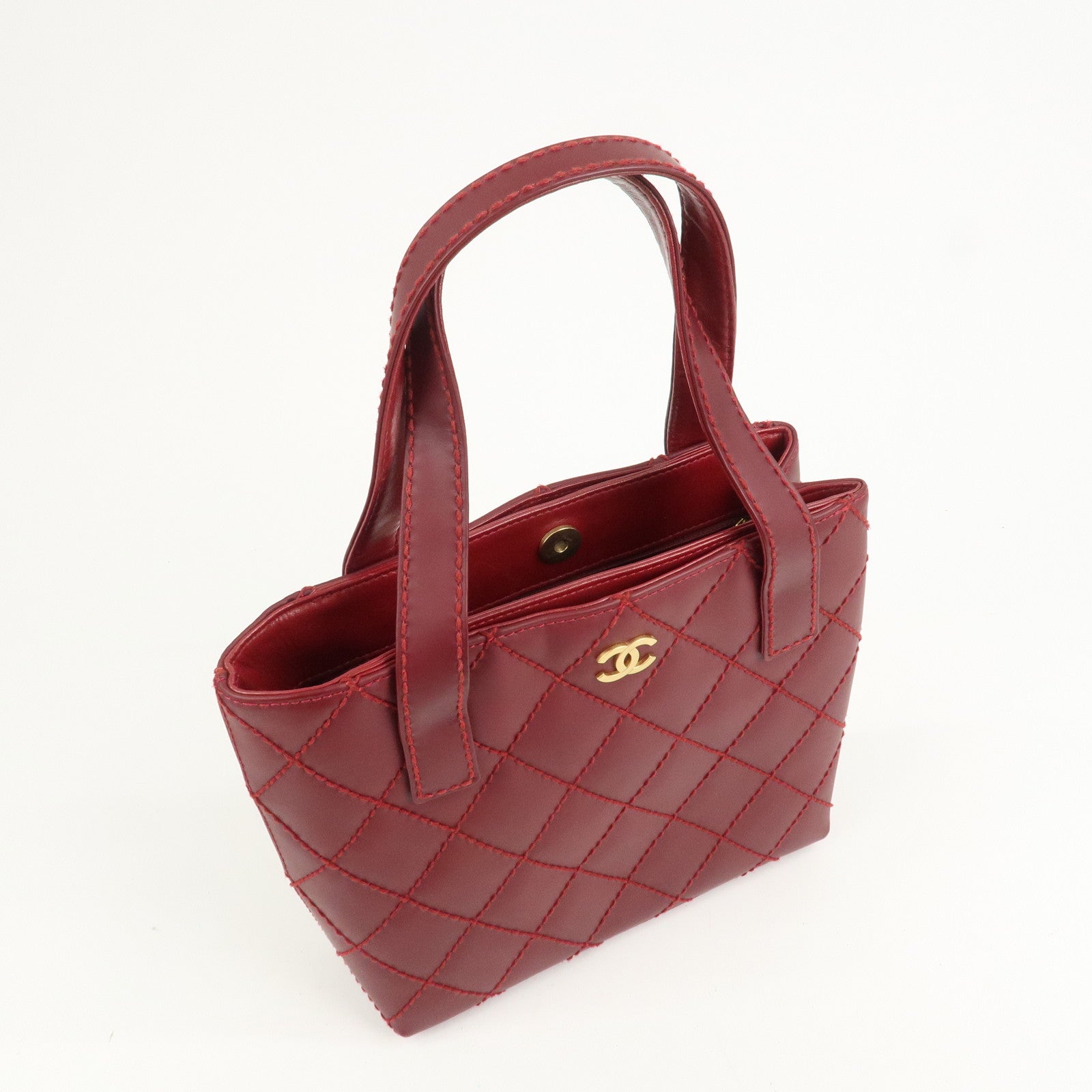 CHANEL Wild Stitch Leather Tote Bag Hand Bag Red A18126
