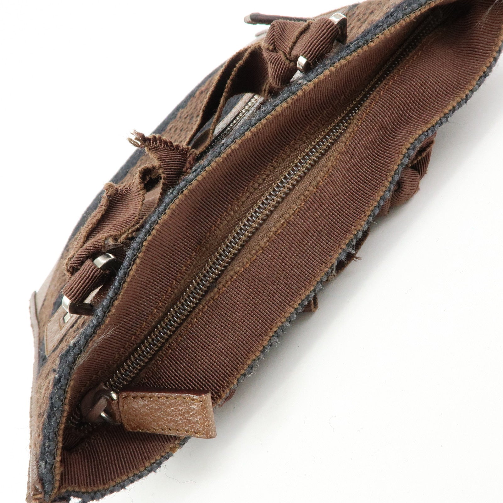 PRADA Triangle Logo Tweed Canvas Hand Bag Brown Black B11268