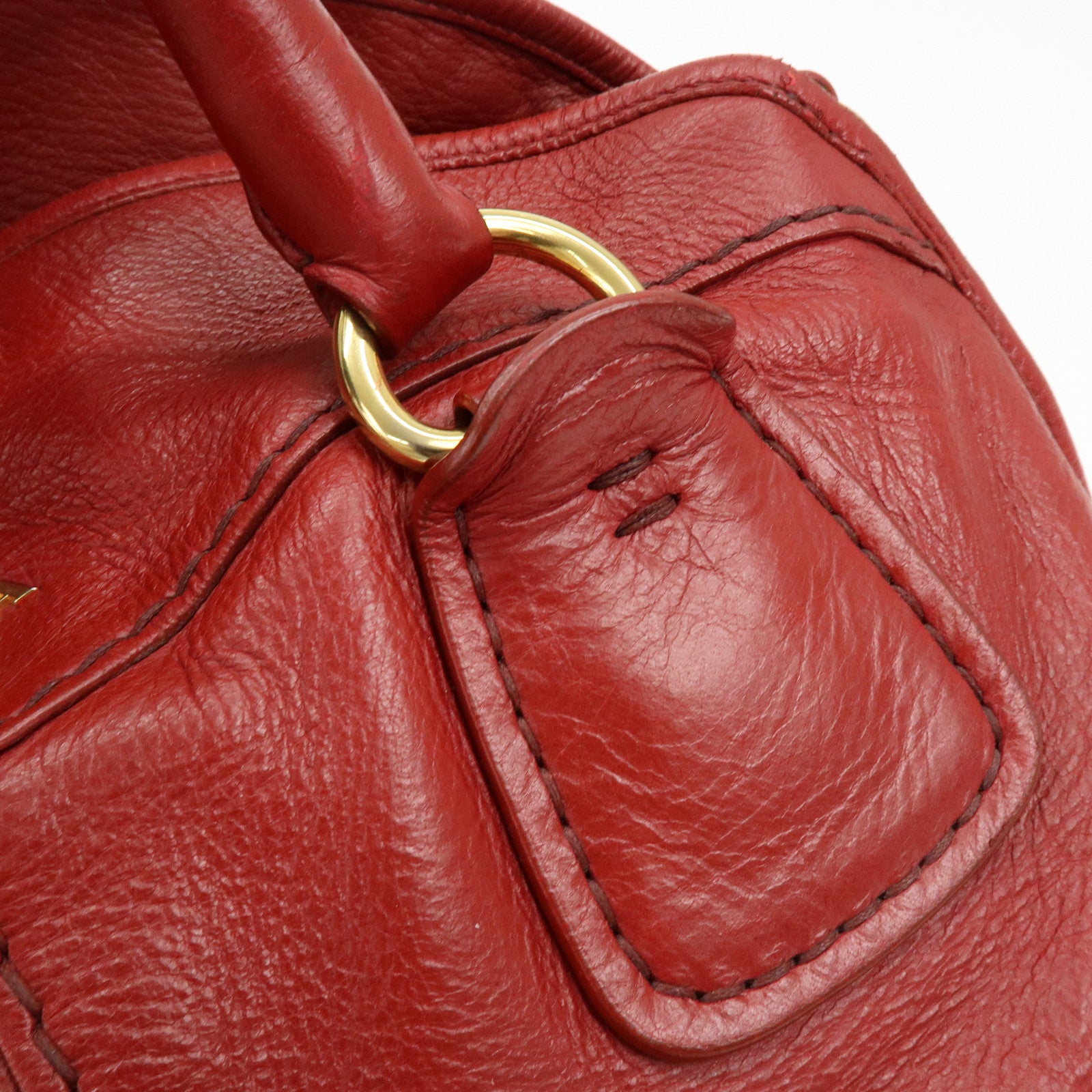 PRADA Cervo Shine Leather Bowler Bag 2Way Tote Bag Red BL0688