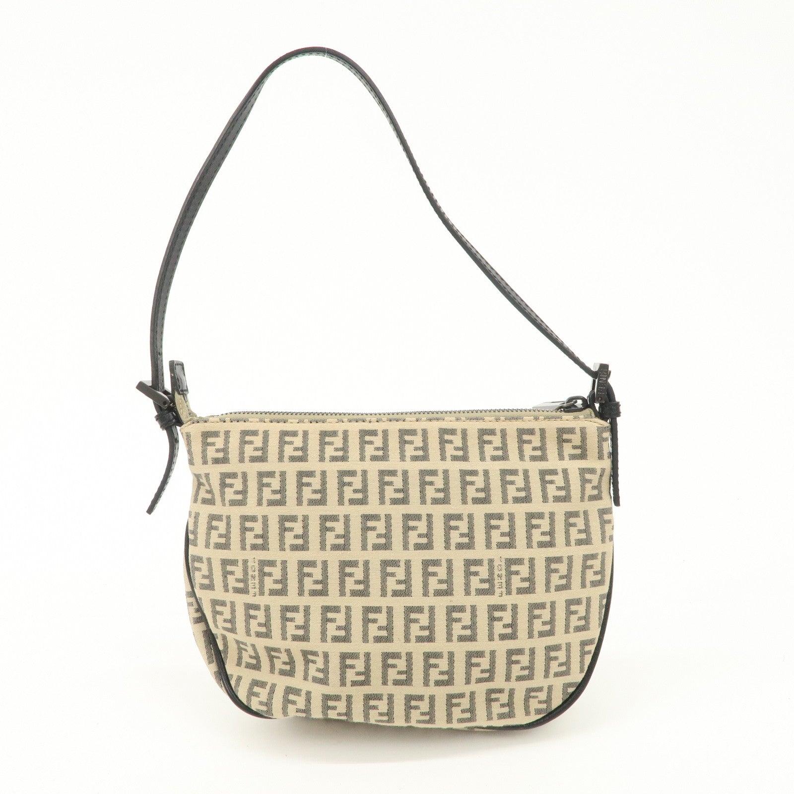 FENDI Zucchino Canvas Leather Shoulder Bag Beige Black 8BR312