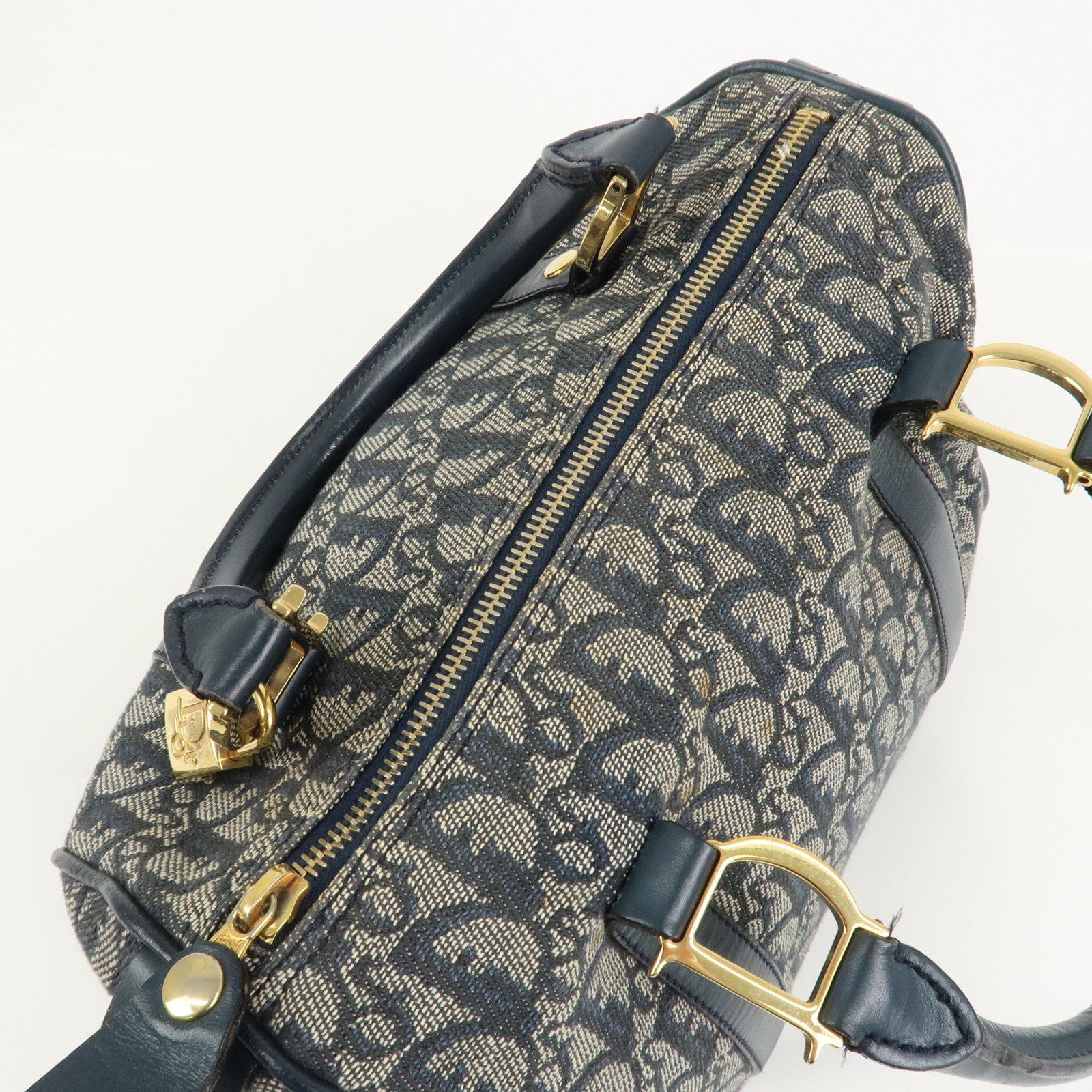 Christian Dior Oblique Canvas Leather Boston Bag Hand Bag Navy