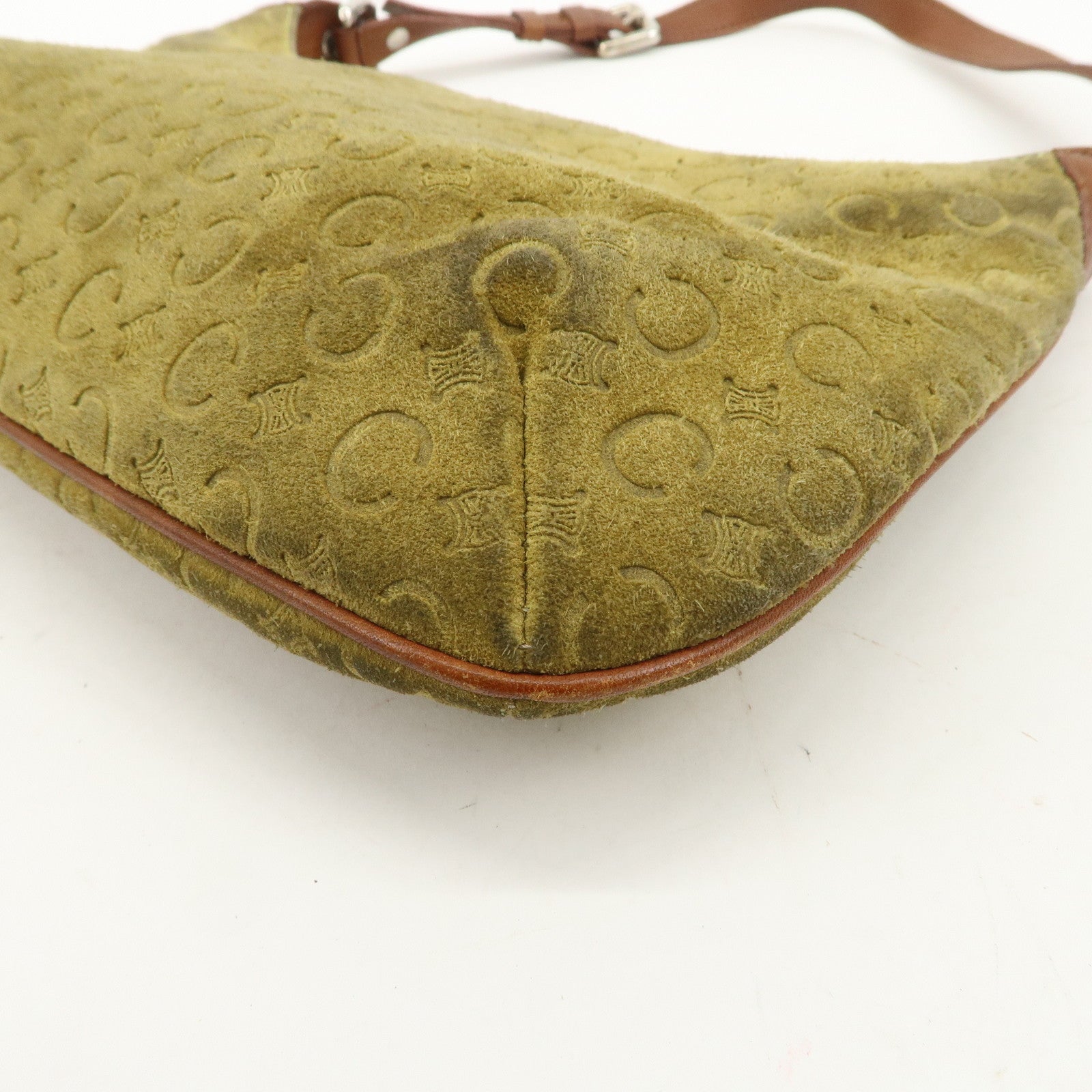 CELINE C Macadam Suede Leather Shoulder Bag Hand Bag Green Brown
