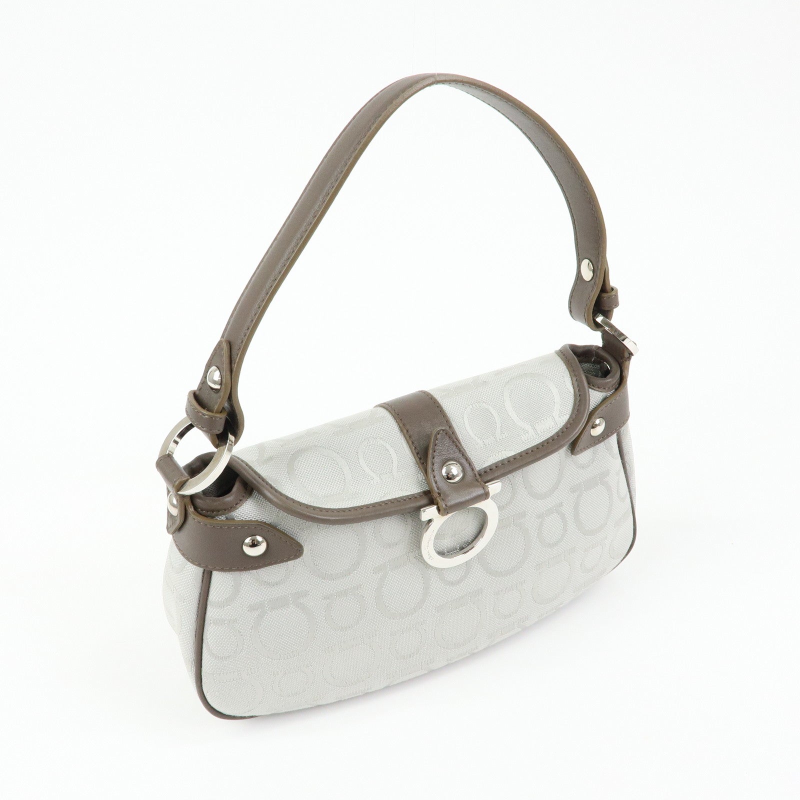Ferragamo Gancini Canvas Leather Shoulder Bag Hand Bag Gray Brown