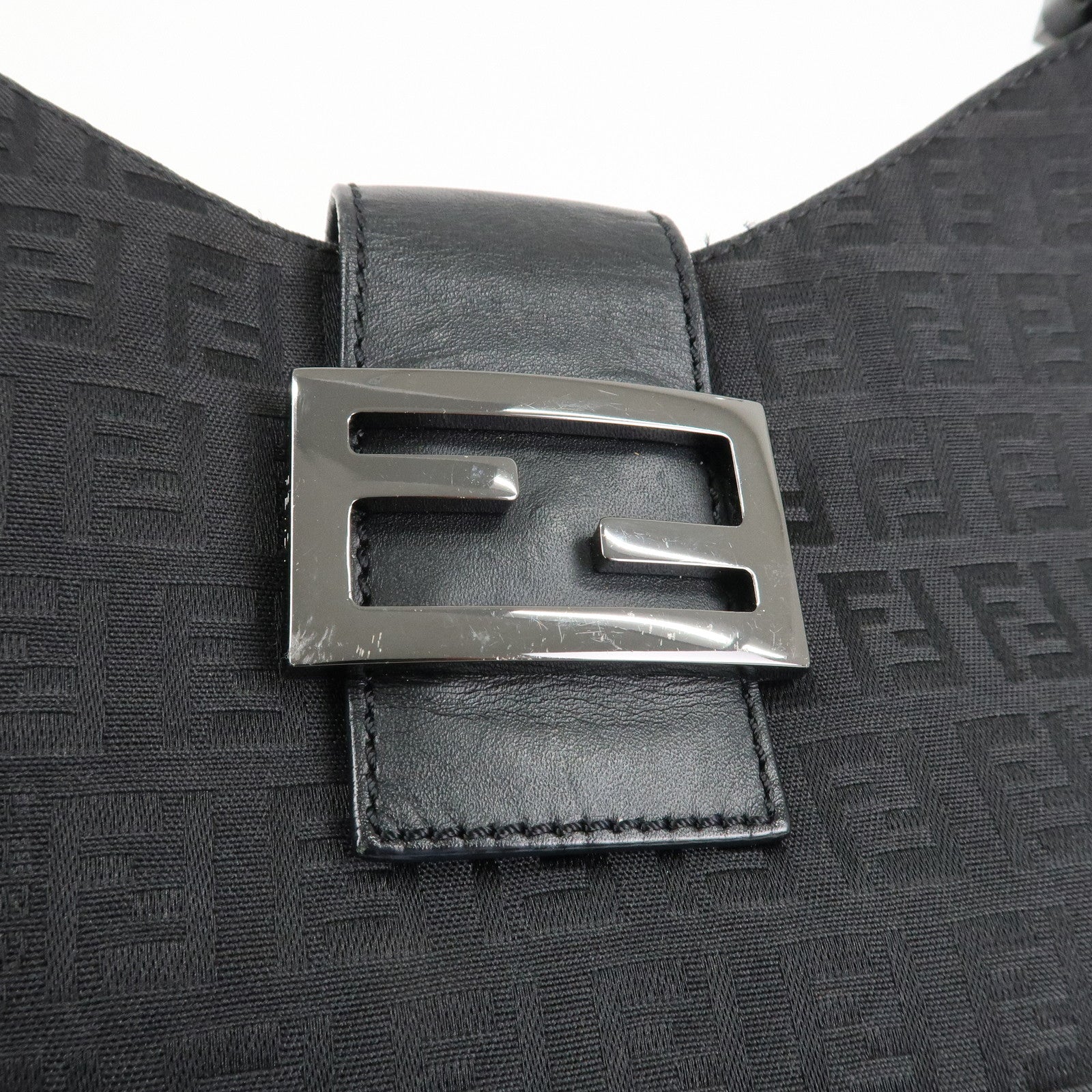 FENDI Zucchino Leather Canvas Shoulder Bag Black Used