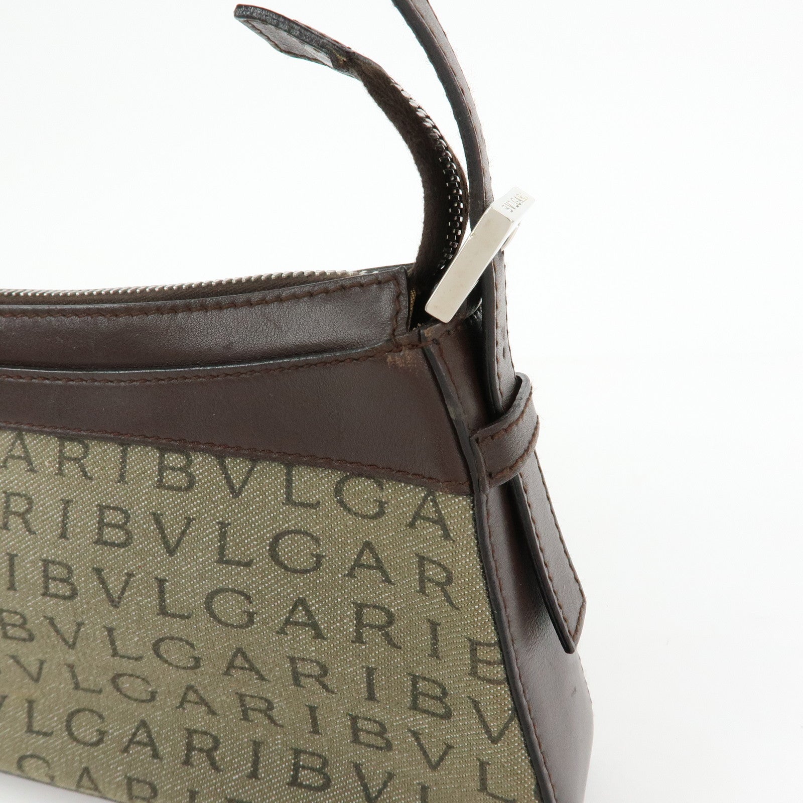BVLGARI Logo Mania Canvas Leather Shoulder Bag Hand Bag Khaki