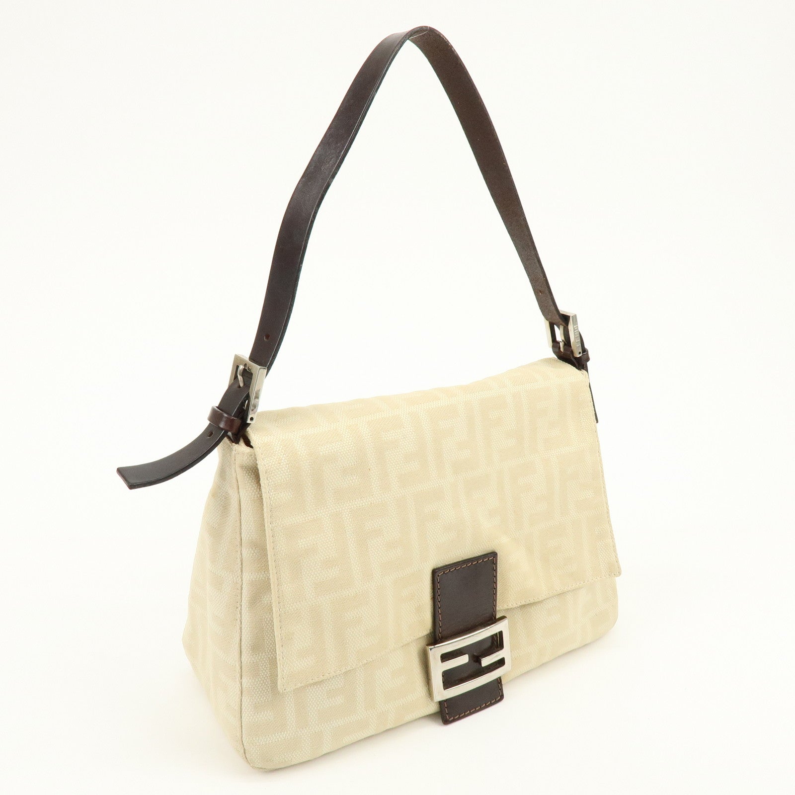 FENDI Mamma Baguette Zucca Canvas Leather Shoulder Bag Ivory 26325