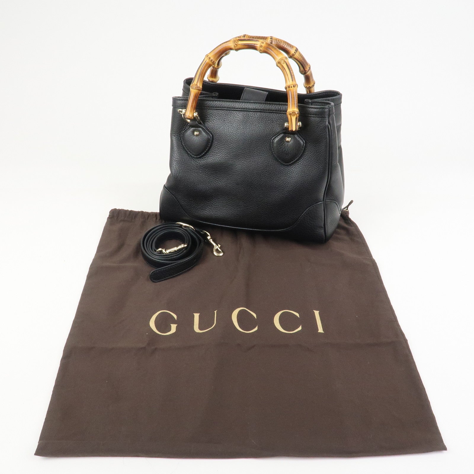 GUCCI Bamboo Logo Leather 2Way Shoulder Bag Hand Bag Black 308360