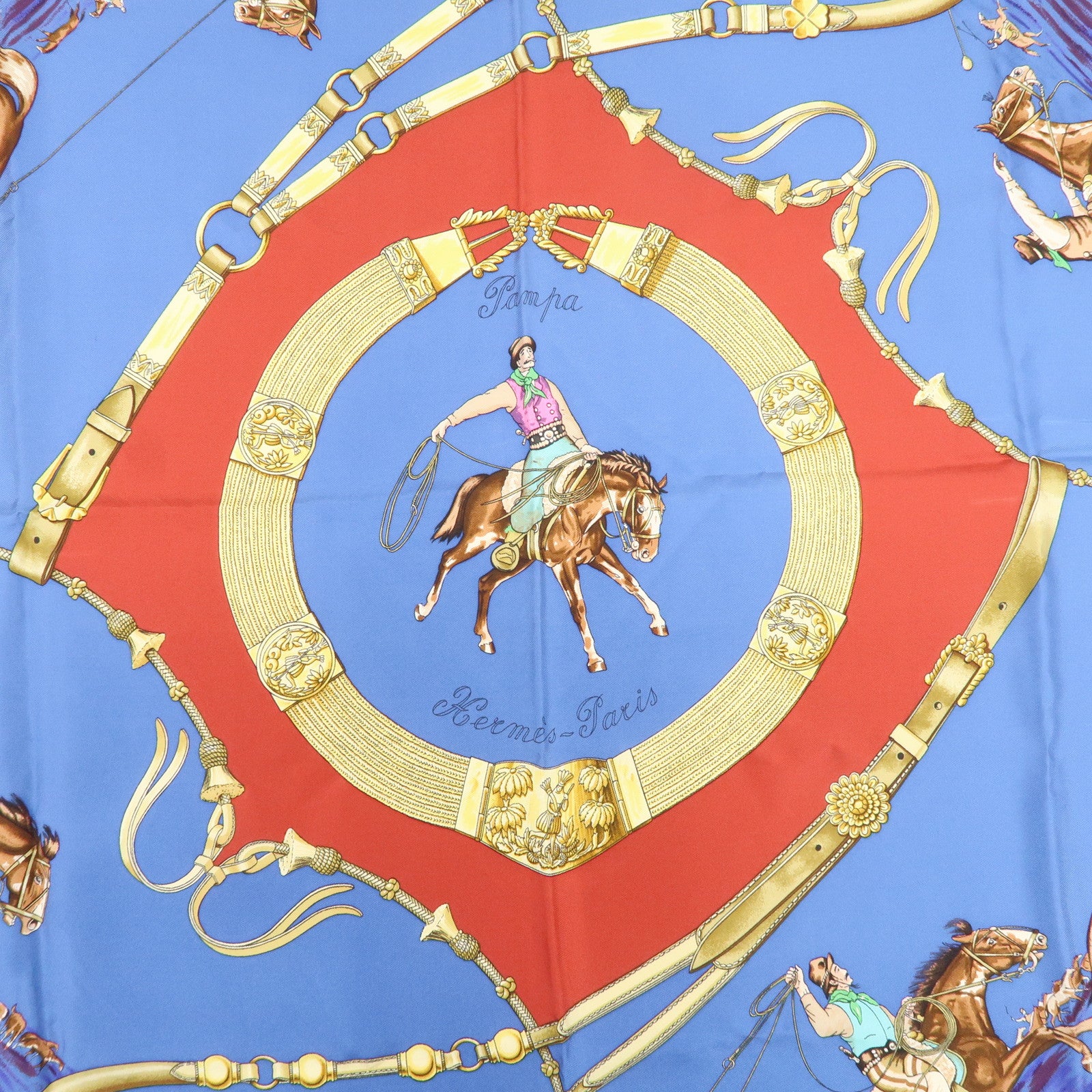 HERMES Carre 90 Silk 100% Scarf Pampa Blue Red