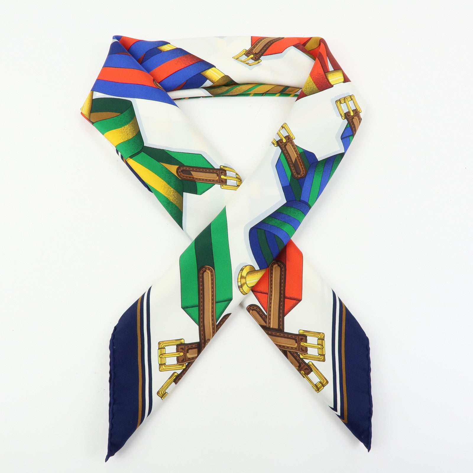 HERMES Carre 90 Silk 100% J.METZ Les Sangles Scarf Blue Green Red