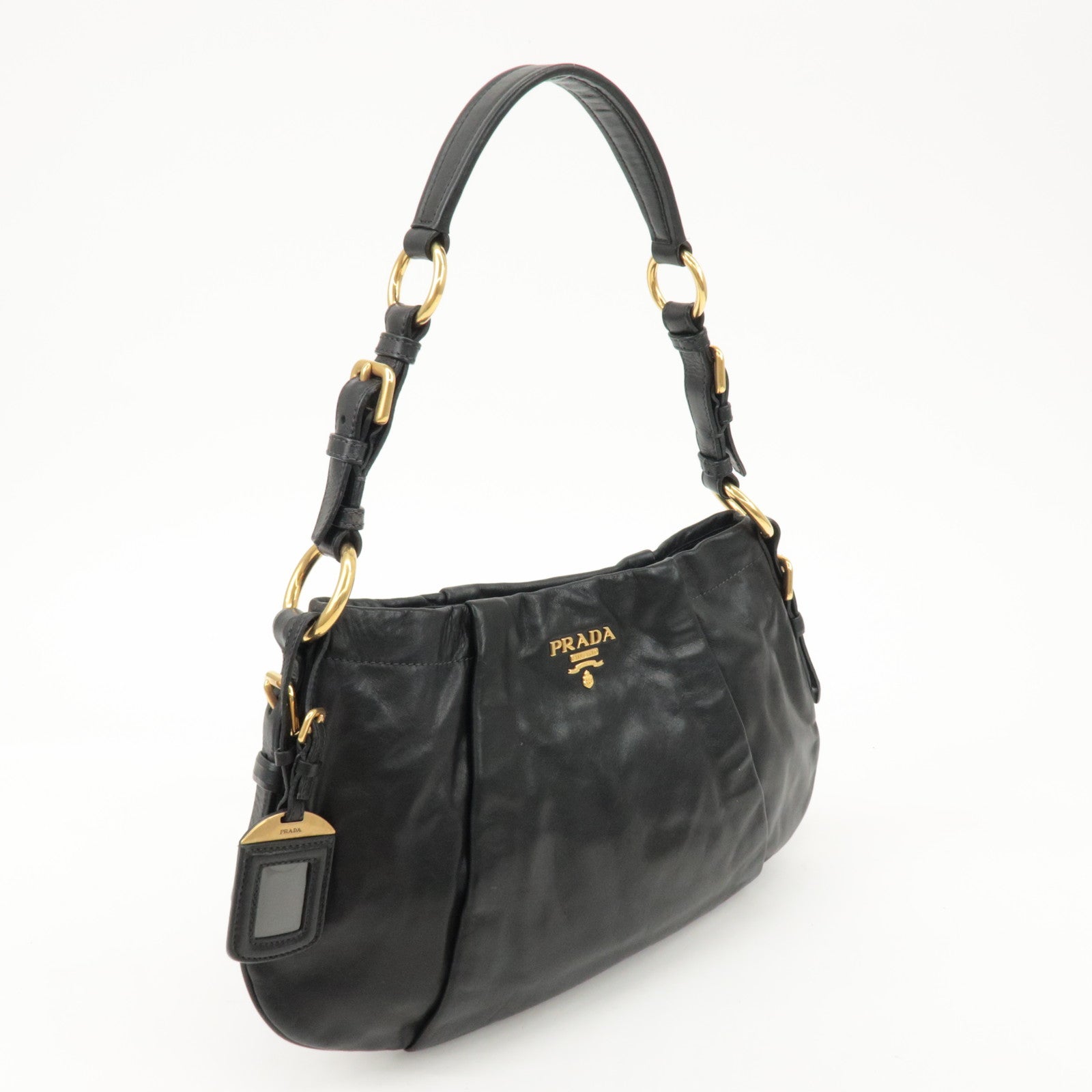 PRADA Logo Leather Shoulder Bag Hand Bag Black BR4930 Used