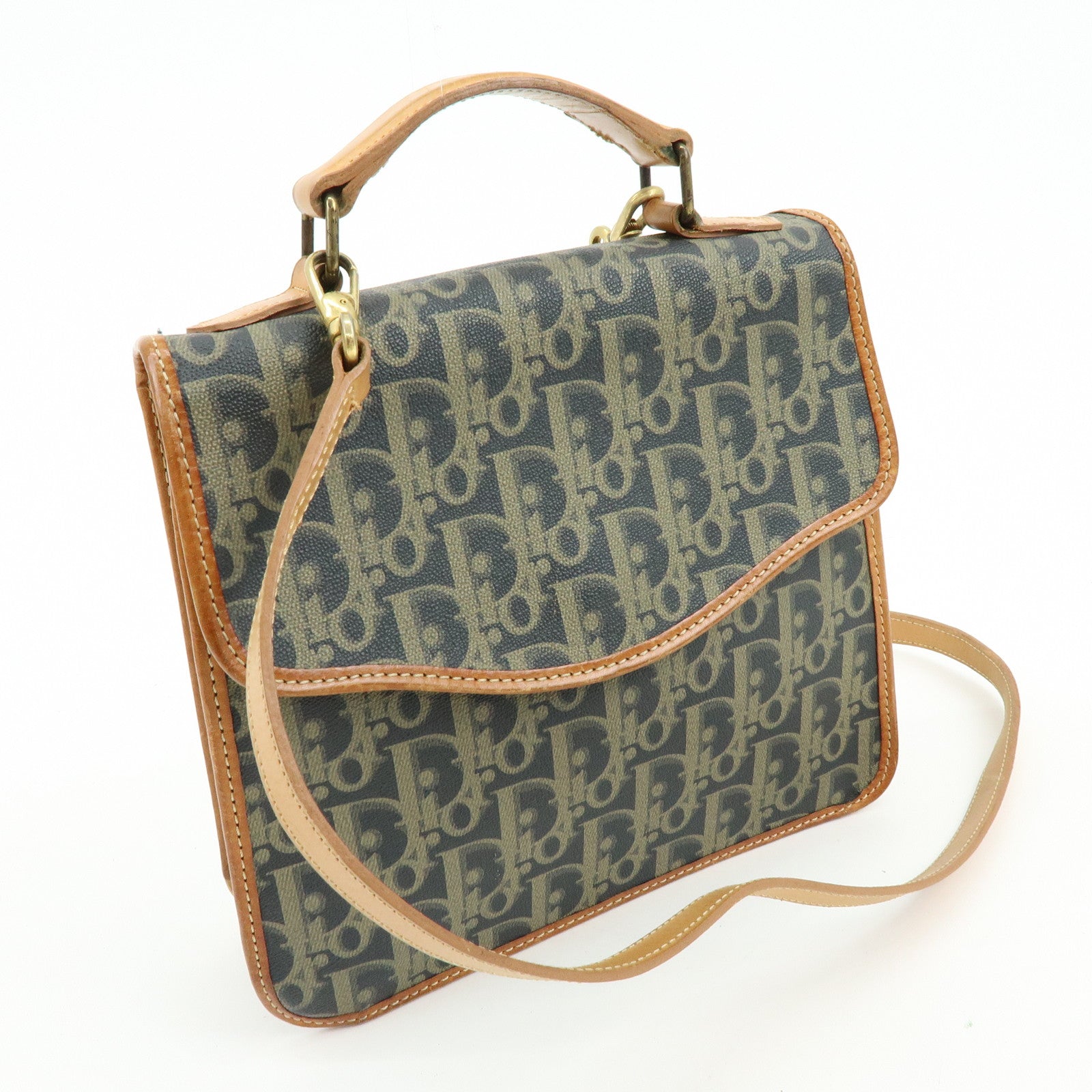 Christian Dior Trotter PVC Leather 2Way Bag Shoulder Bag Navy Brown