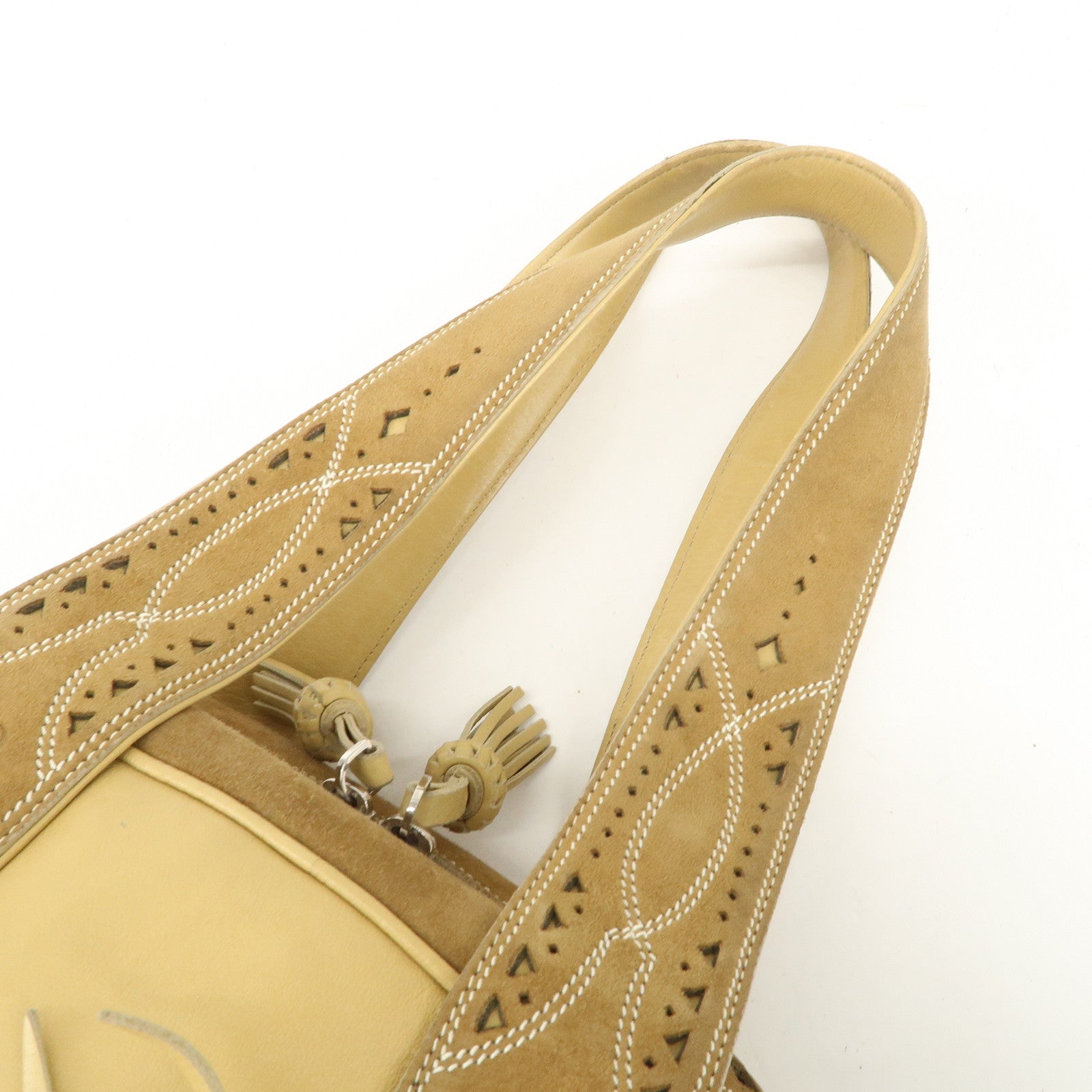 LOEWE Anagram Leather Suede Punching Boston Bag Beige Used