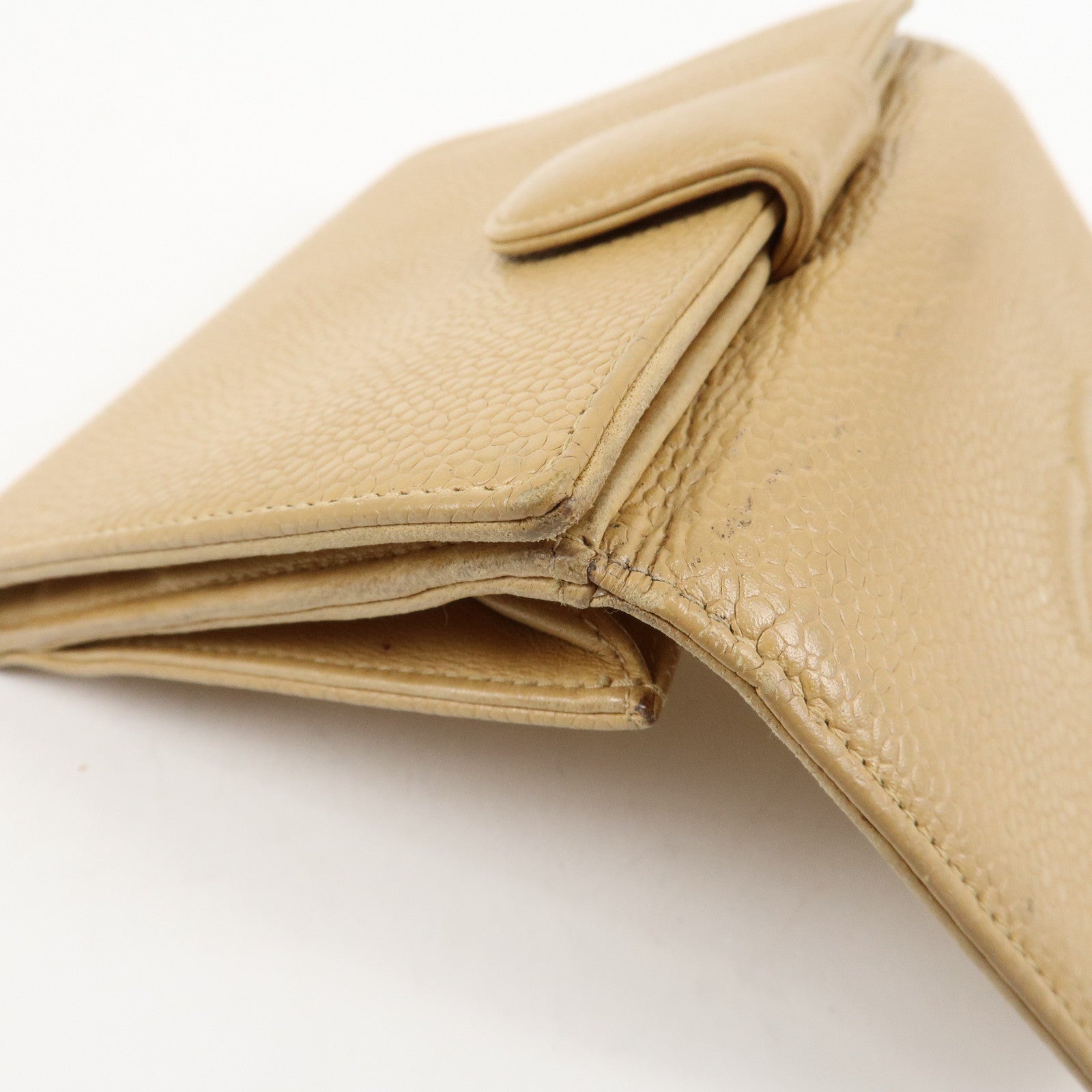 CHANEL COCO Mark Caviarskin W Hook Bi-fold Wallet Beige Used