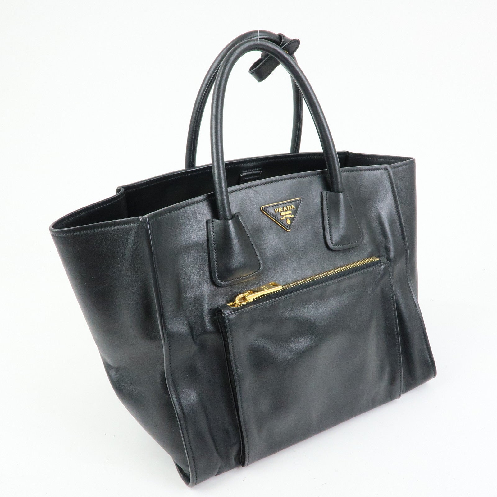 PRADA Triangle Logo Leather 2Way Tote Bag Hand Bag Black BN2626