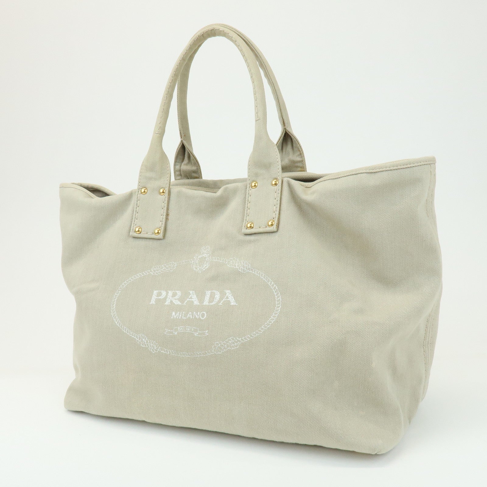 PRADA Triangle Logo Denim Tote Bag Shoulder Bag Light Beige BN2091