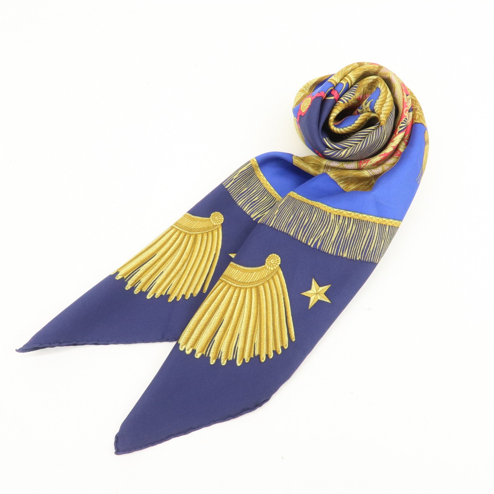 HERMES Carre 90 Silk 100% Paste et Bavalerie Scarf Blue Gold