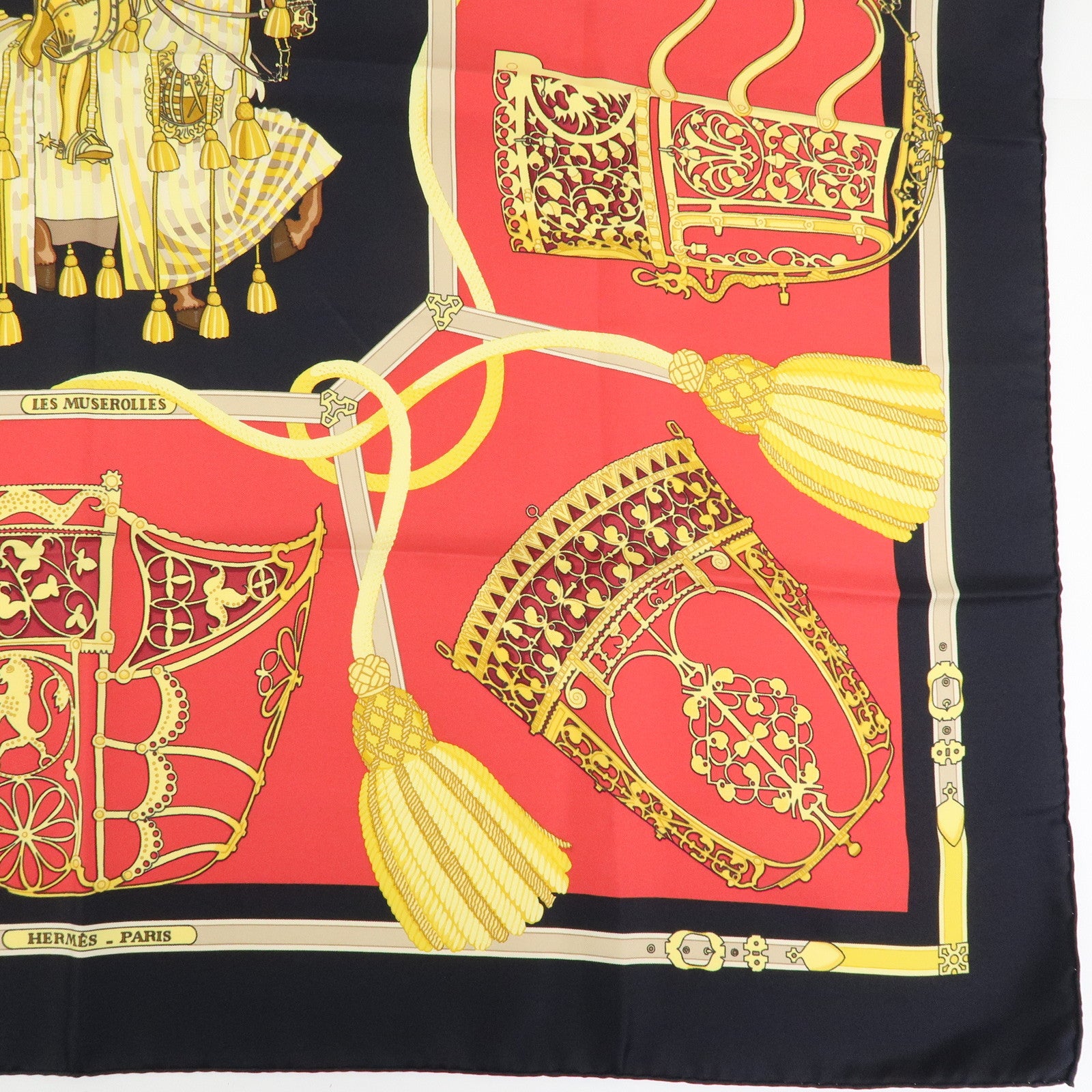 HERMES Carre 90 Silk 100% Scarf LES MUSEROLLES Black Red Gold
