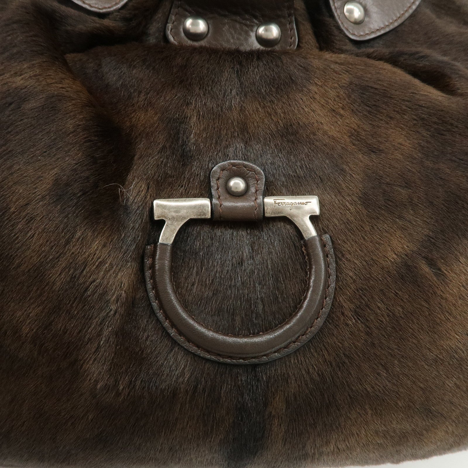 Ferragamo Gancini Unborn Calf Leather Hand Bag Dark Brown Used