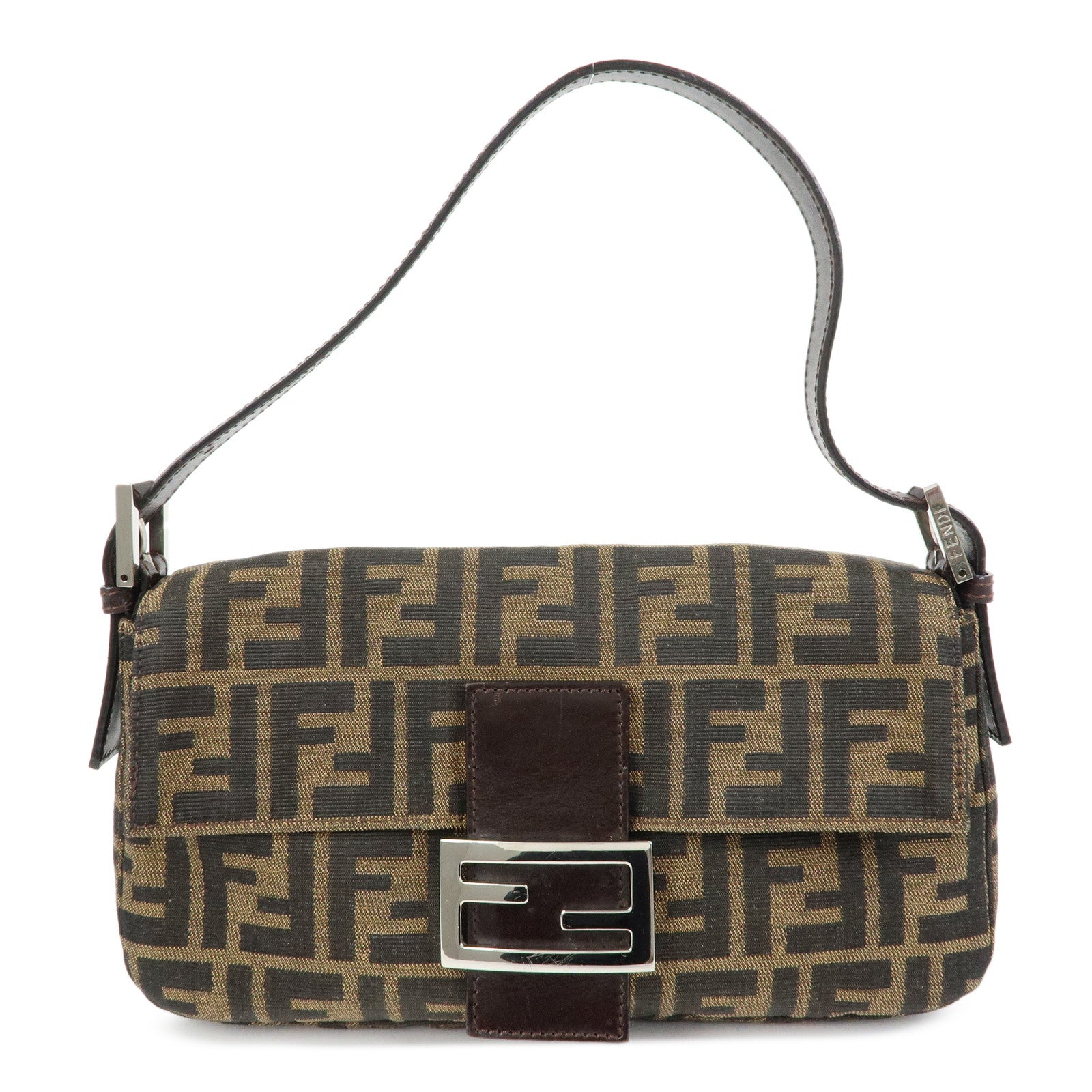 FENDI Mamma Baguette Zucca Canvas Leather Shoulder Bag Brown 26424