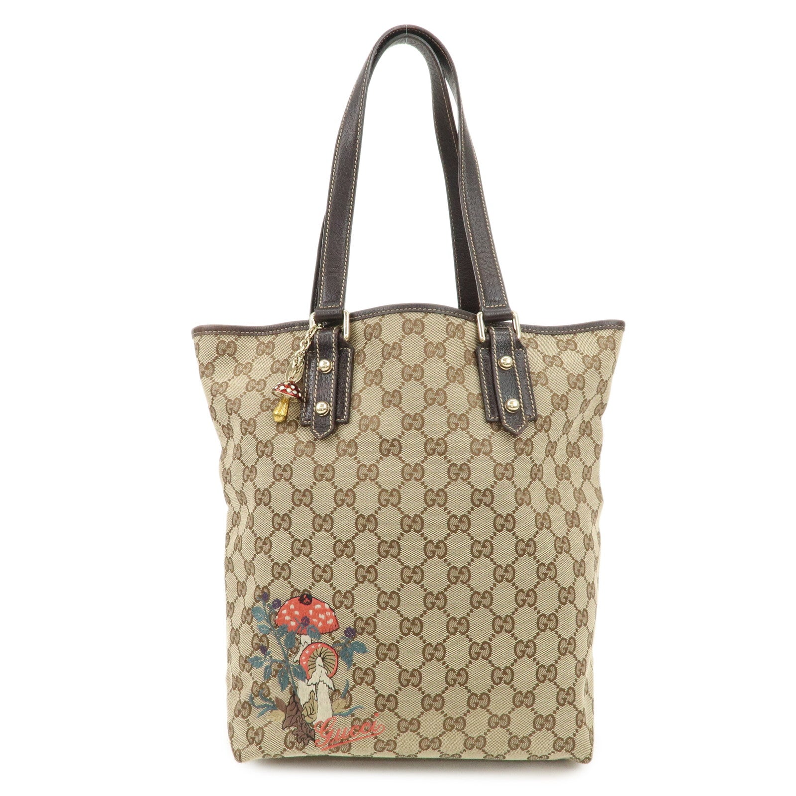 GUCCI GG Monogram Canvas Leather Tote Bag Beige Mushroom 163695