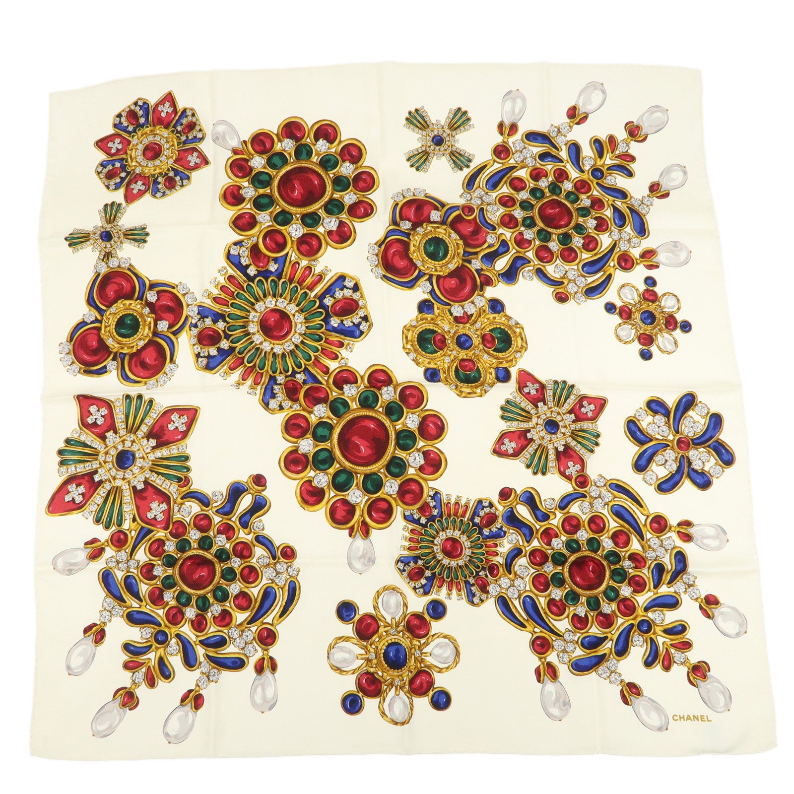 CHANEL Silk 100% Gripoix 86×86 Scarf Ivory Multicolor