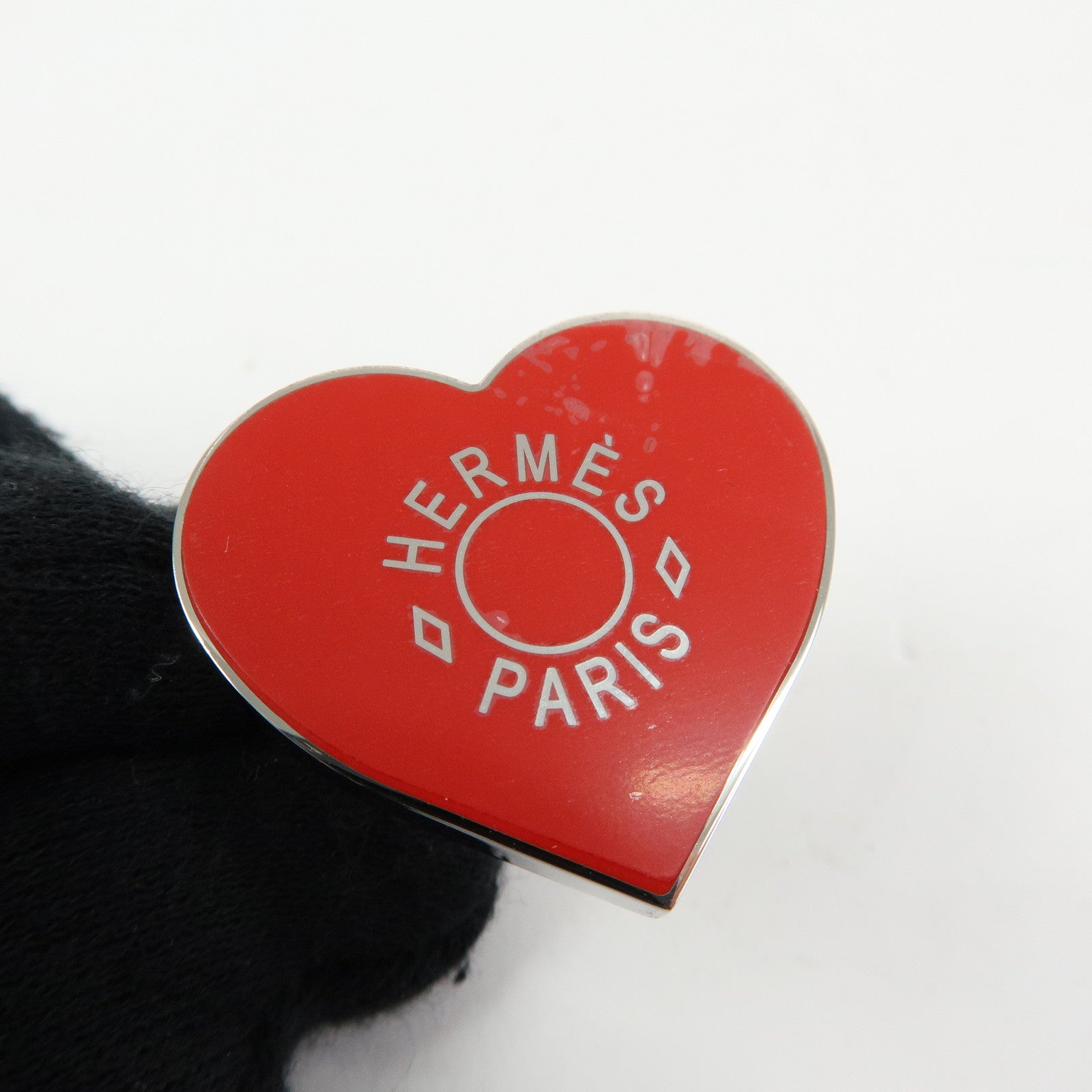 HERMES Coeur Laque Lacquered Heart Metal Scarf Ring Red Silver