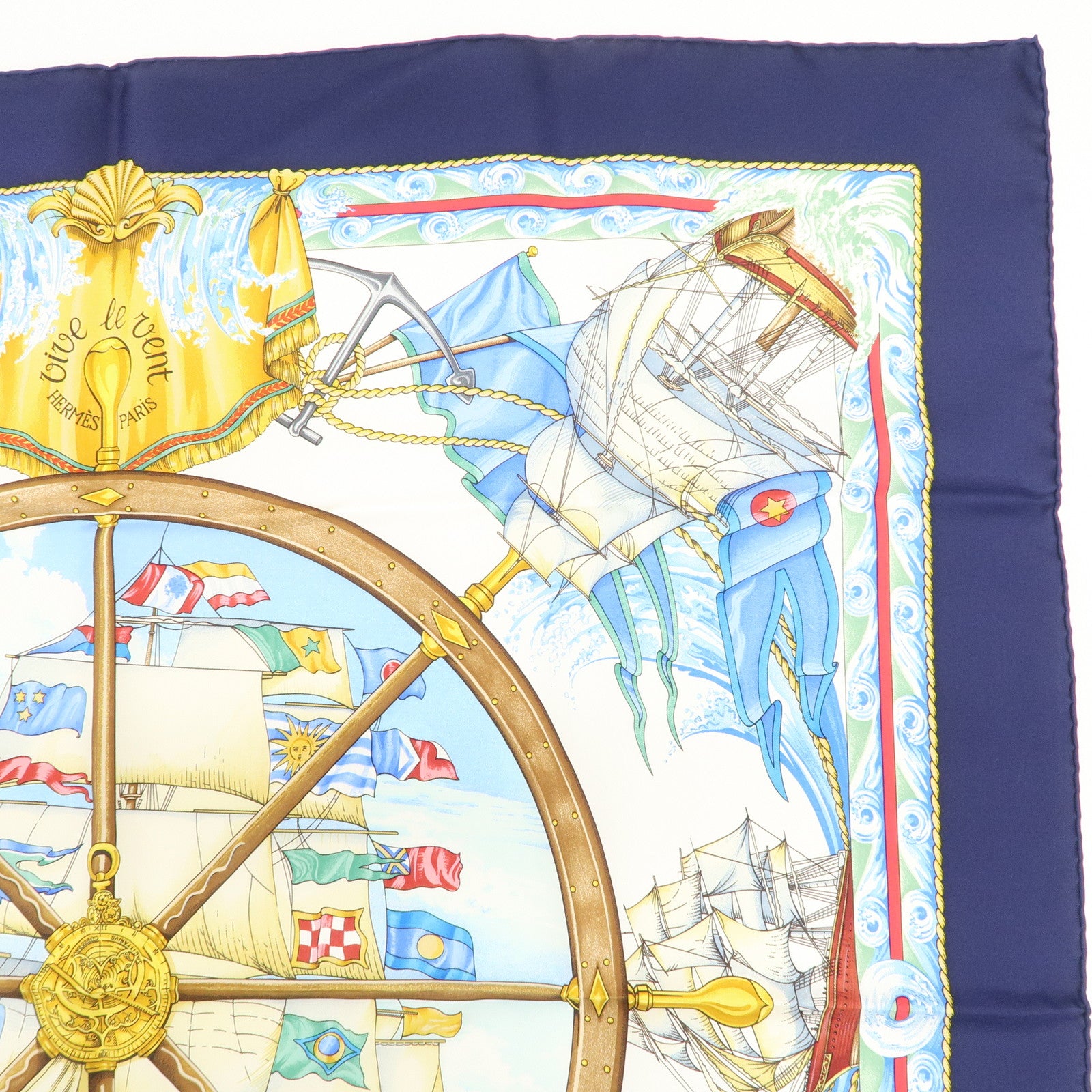 HERMES Carre 90 Silk 100% Scarf Vive Le Vent Blue Navy White Used