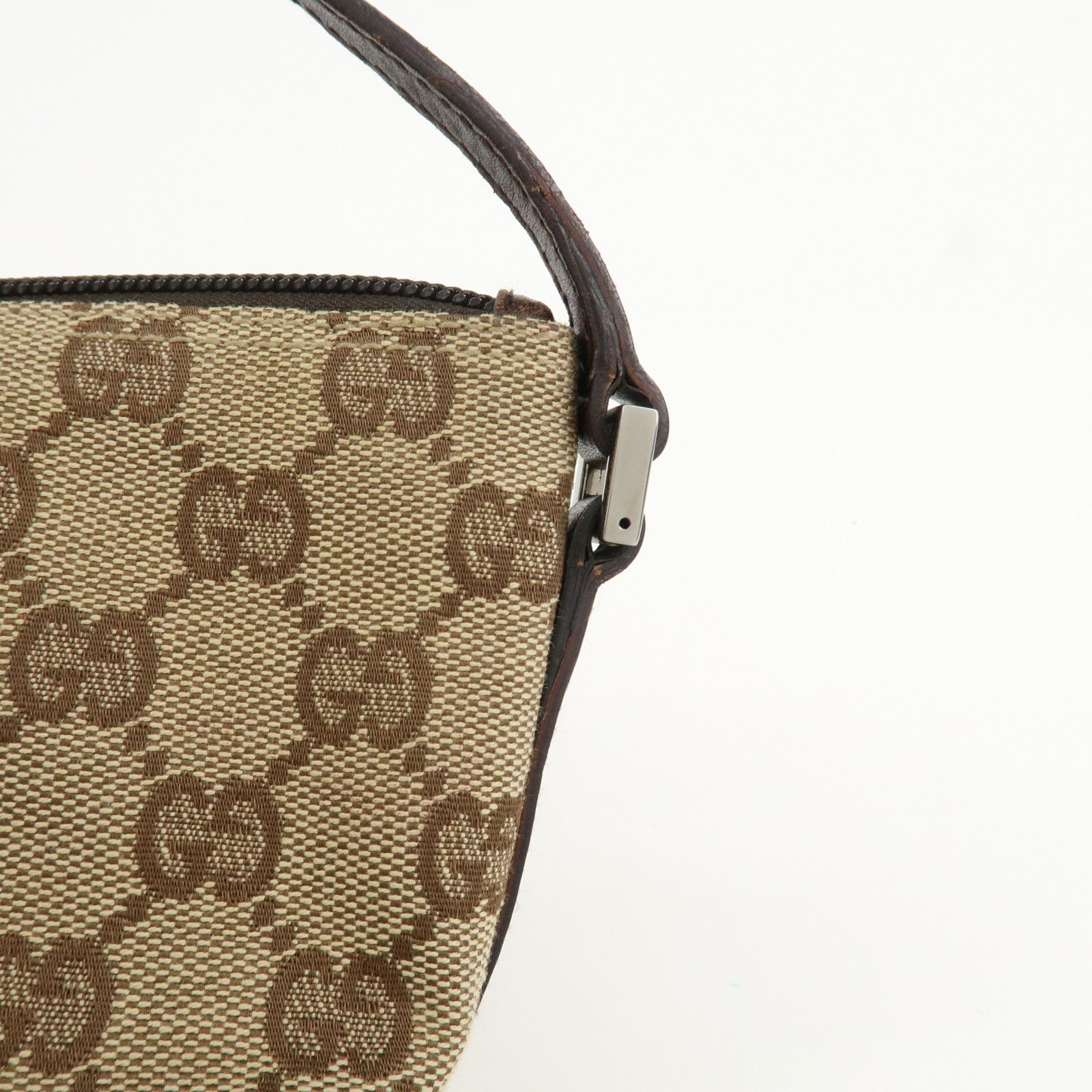 GUCCI Boat Bag GG Canvas Leather Hand Bag Pouch Beige Brown 07198