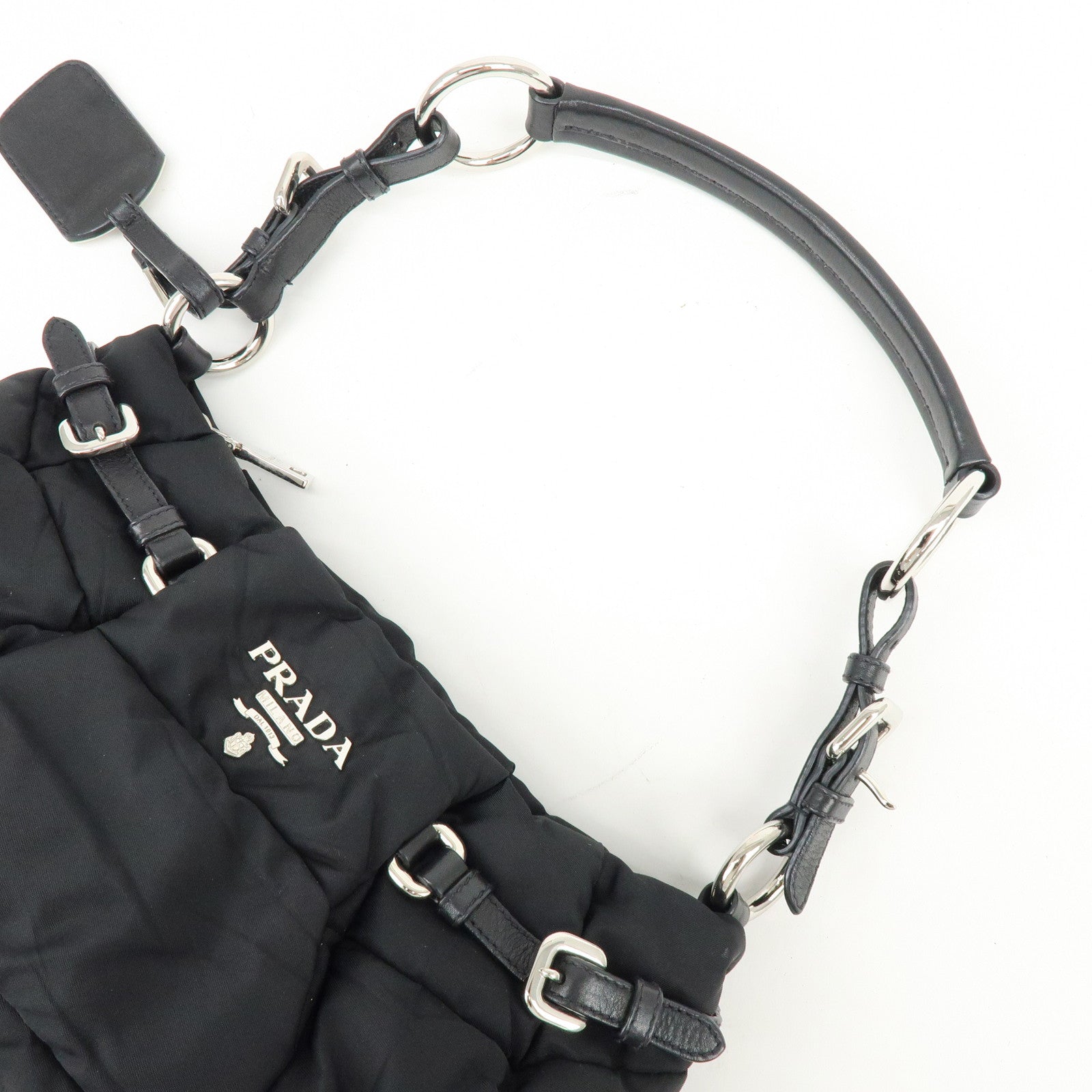 PRADA Logo Nylon Puffy Leather Shoulder Bag Hand Bag Black Silver