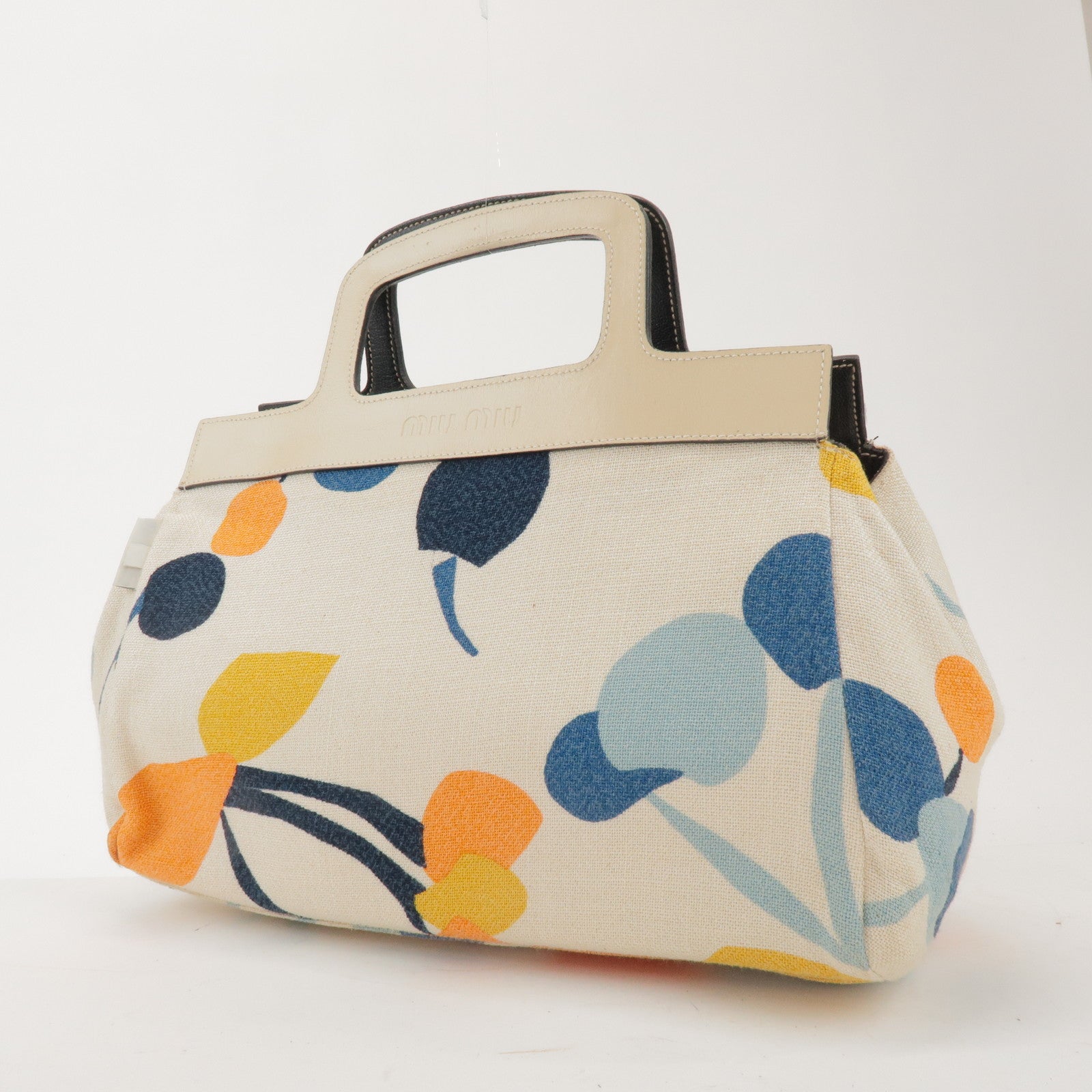 MIU MIU Madras Leather Canvas Reversible Hand Bag Ivory Black