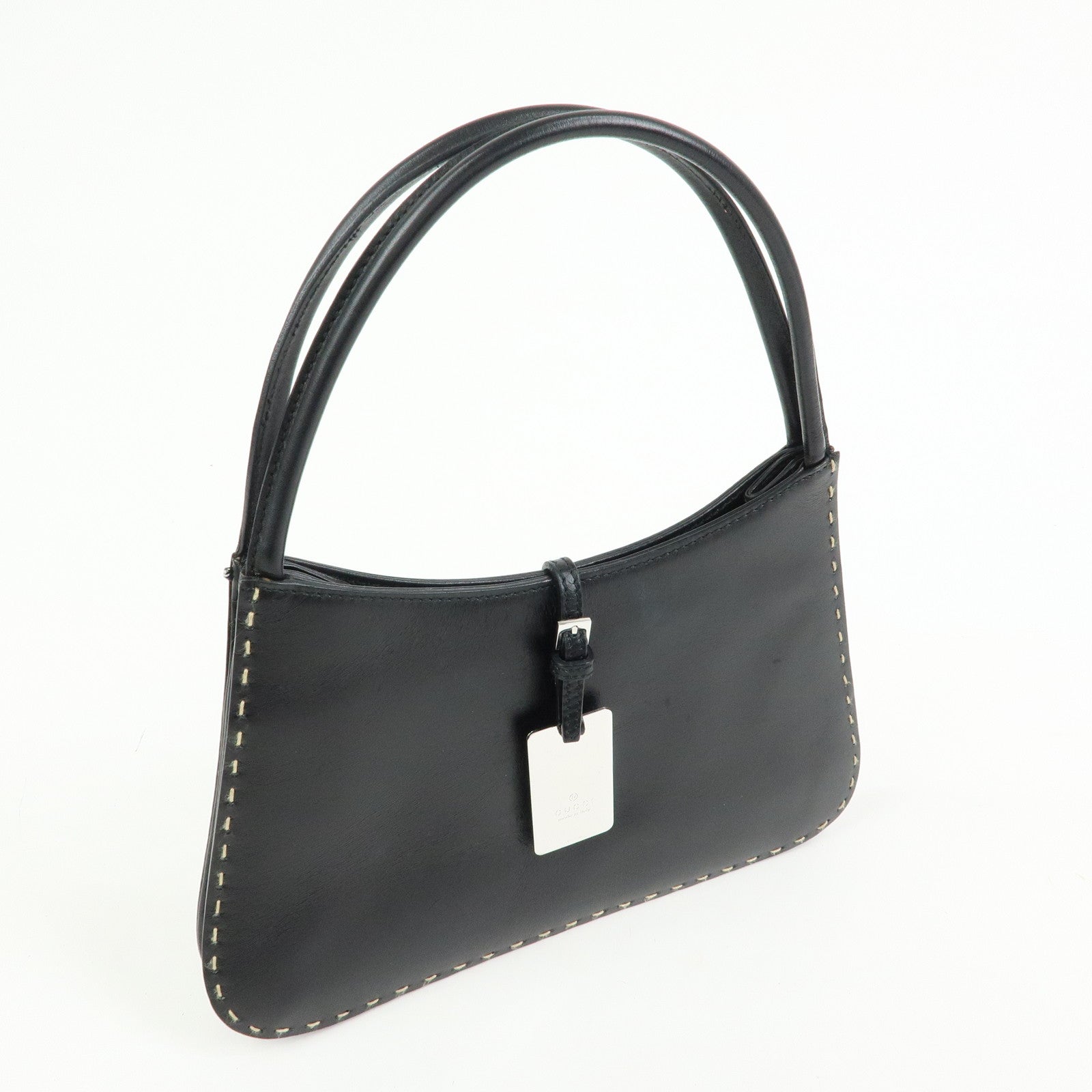 GUCCI Logo Plate Leather Hand Shoulder Bag Black 001・4279・204990
