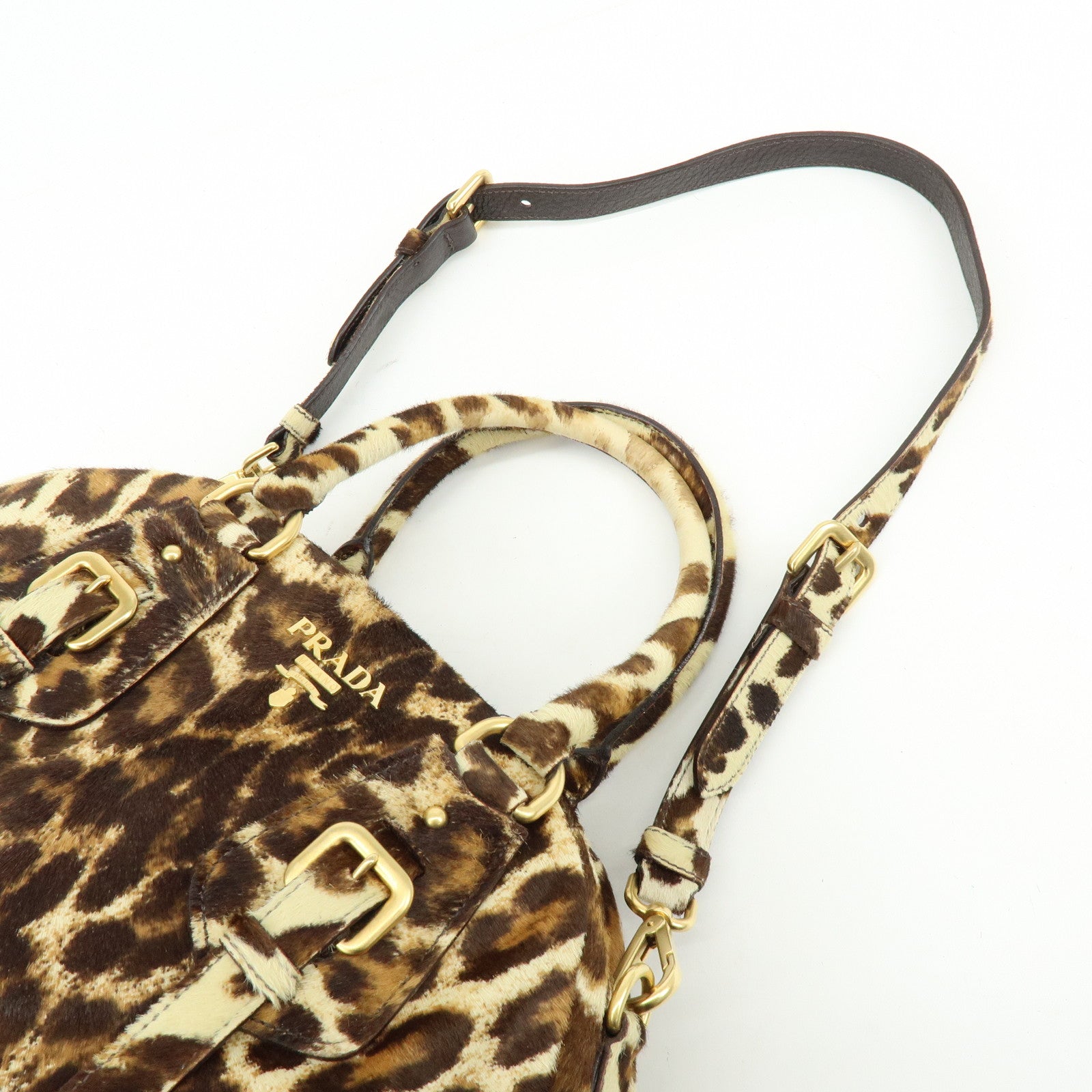 PRADA Pony Hair Leopard 2Way Boston Bag Shoulder Bag Brown BL0429