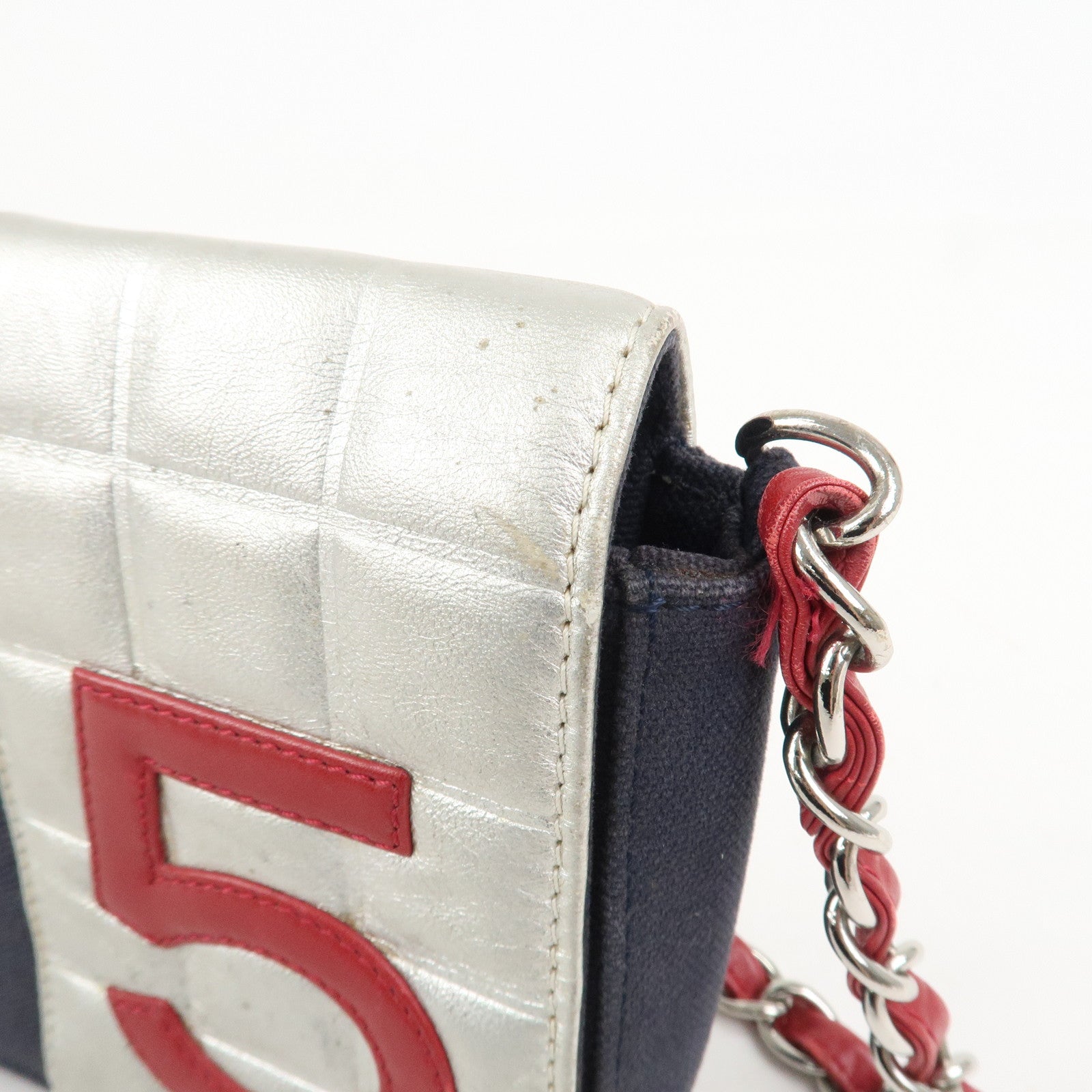 CHANEL No.5 Canvas Leather Chain Shoulder Bag Hand Bag Navy Silver