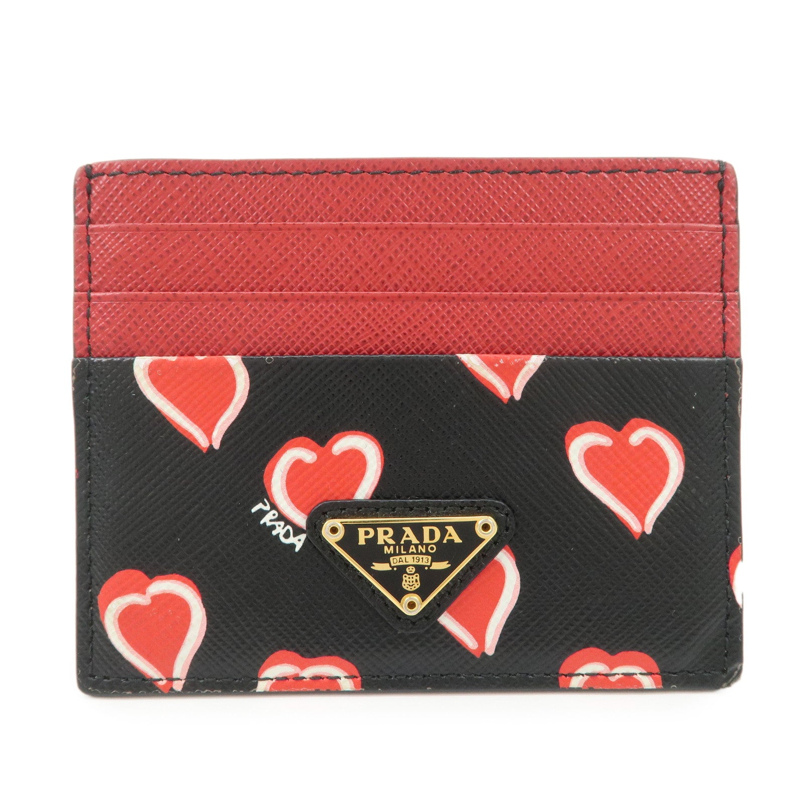 PRADA Saffiano Leather Heart Card Case Black Red White 1MC025
