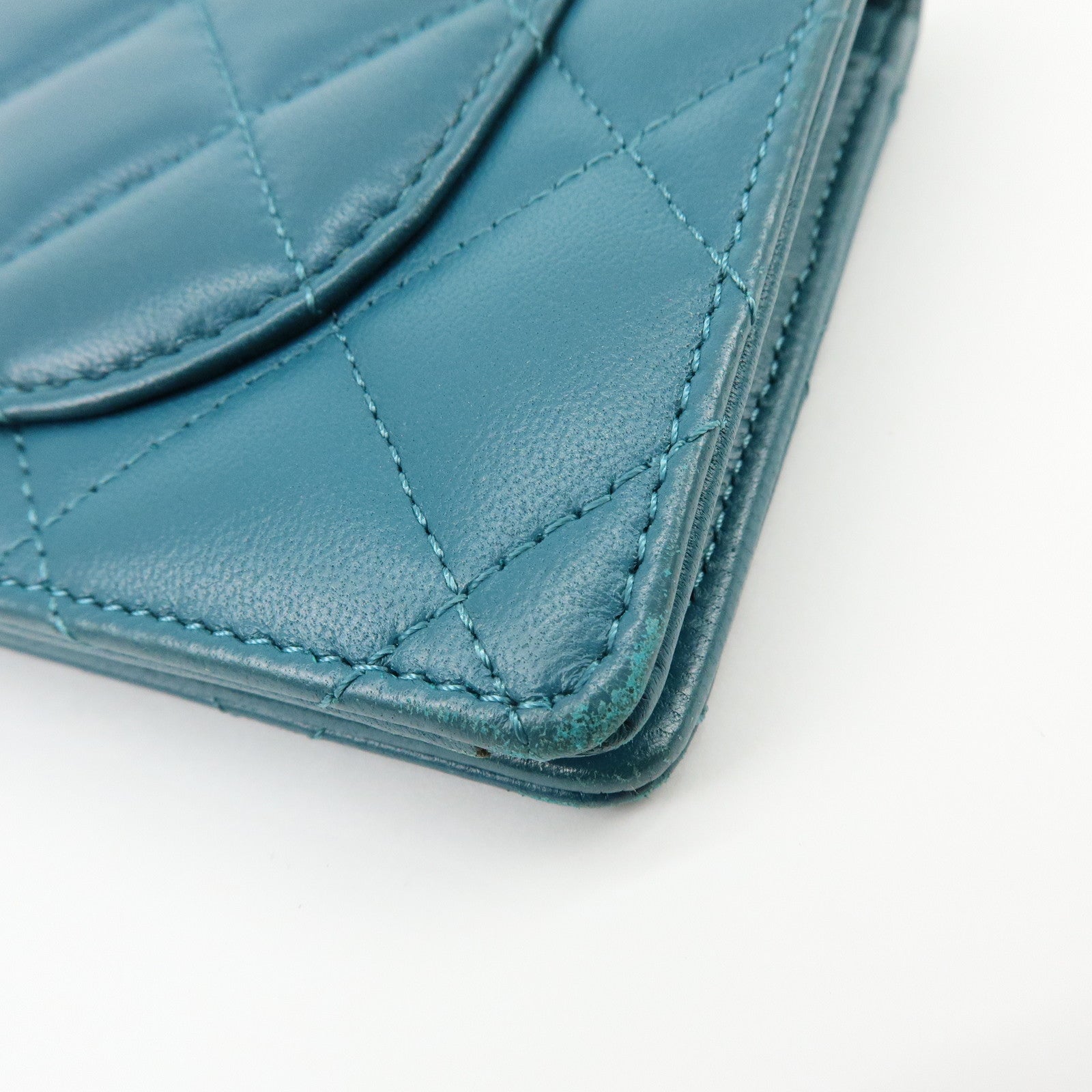 CHANEL COCO Mark Matelasse Lamb Skin Bi-fold Flap Long Wallet Blue
