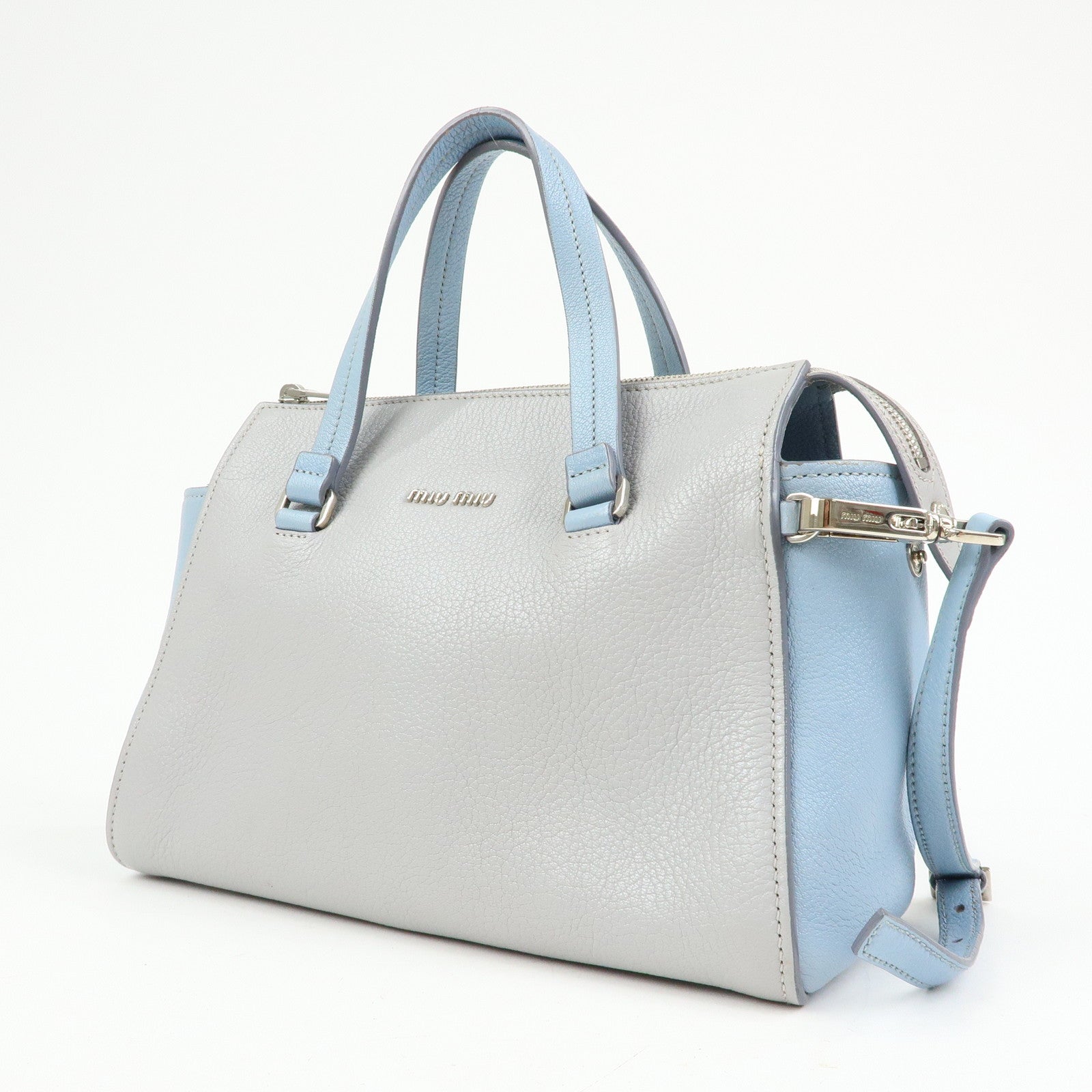 MIU MIU Madras Leather 2Way Bag Hand Bag Gray Light Blue 5BB006