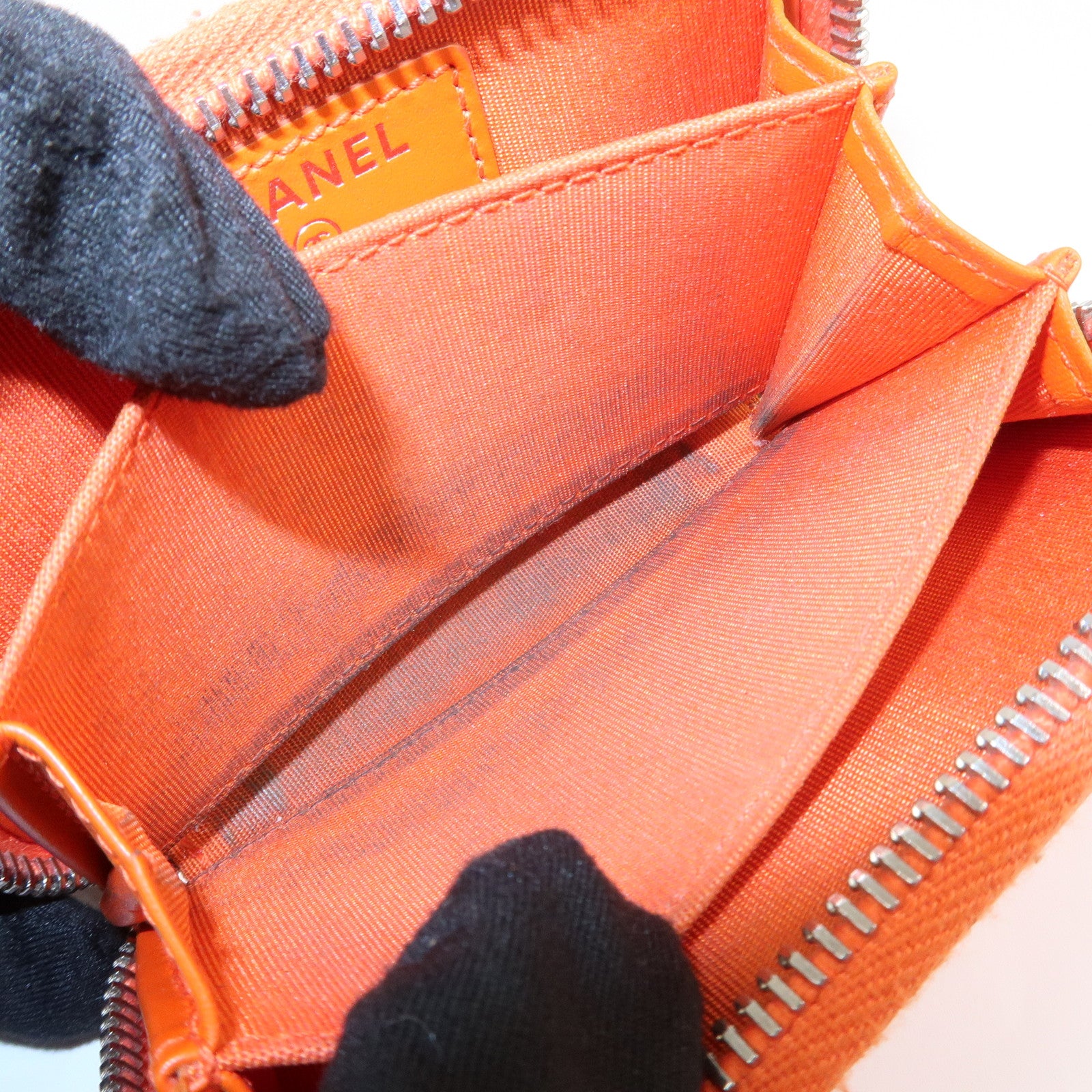 CHANEL COCO Mark Enamel Leather Round Zippy Coin Case Orange A68890 Used