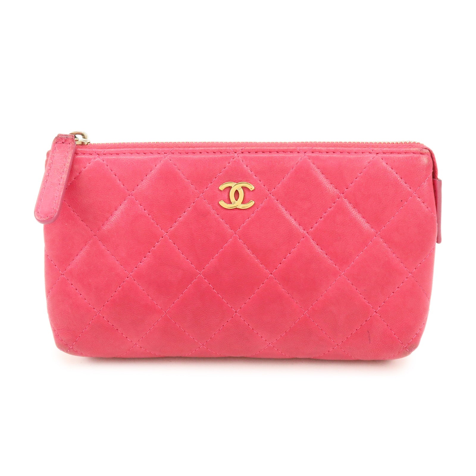 CHANEL Matelasse COCO Mark Lamb Skin Cosmetic Accessory Pouch Pink