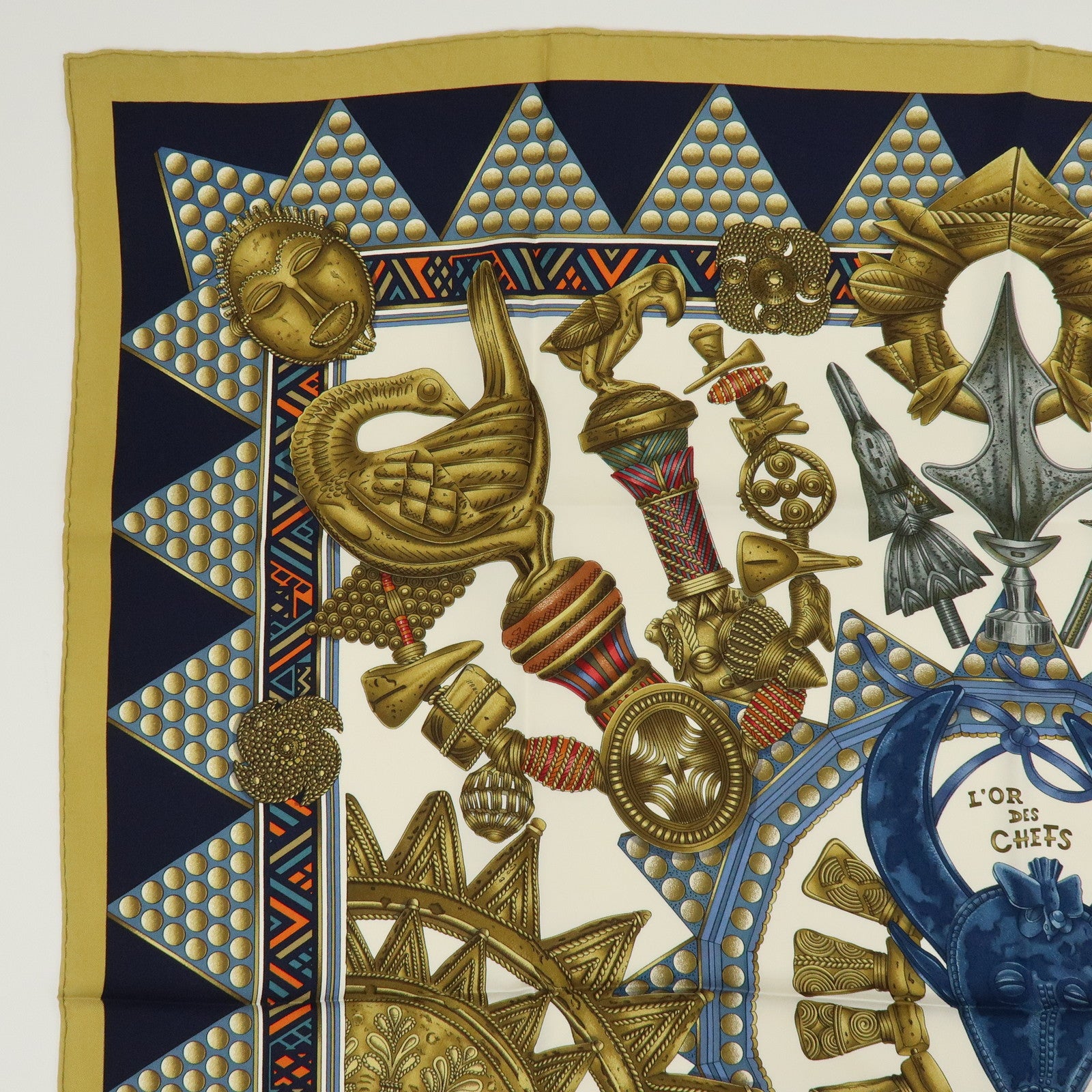 HERMES Carre 90 Silk 100% Scarf L'OR DES CHEFS Gold Navy